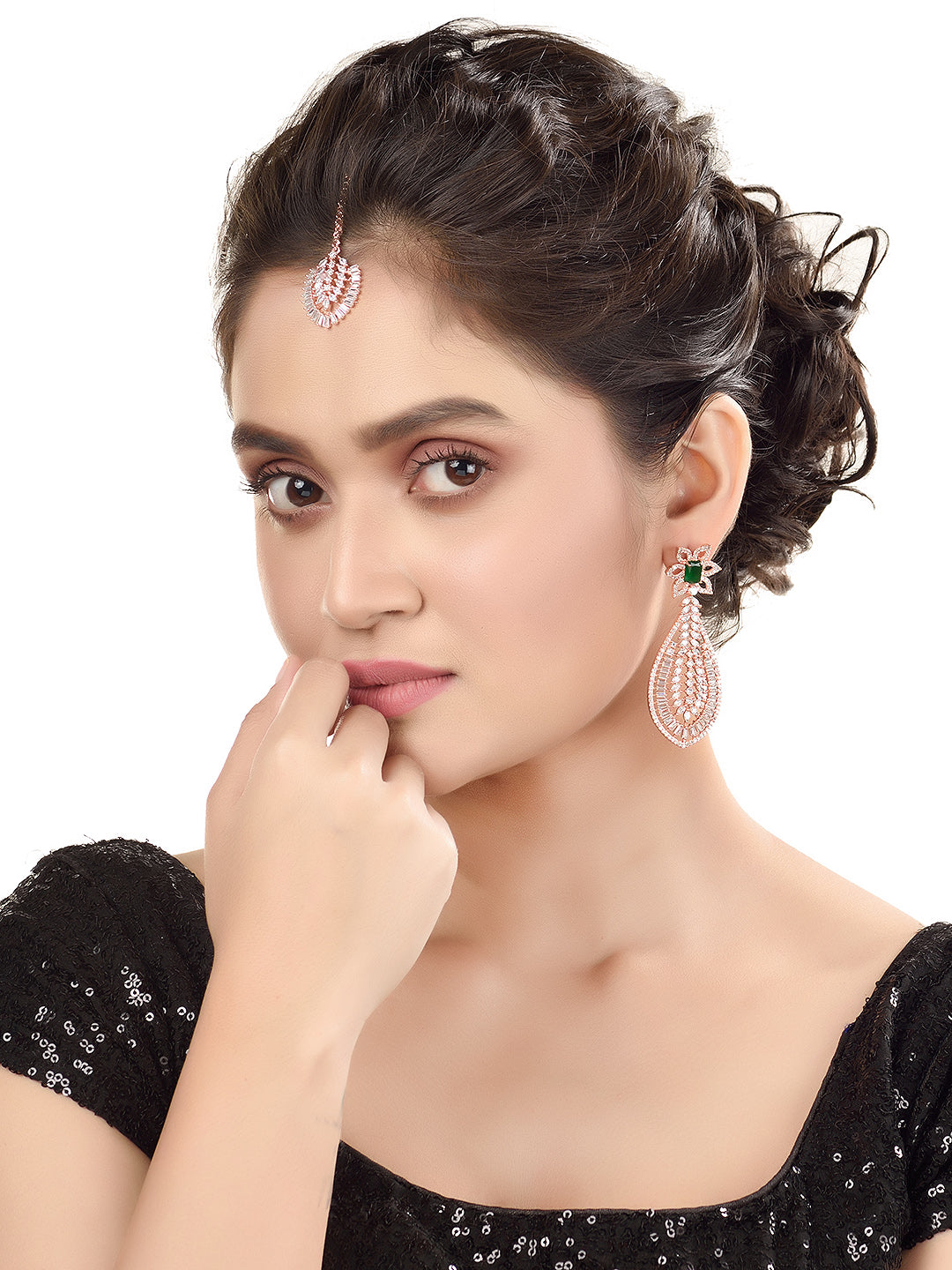 Rose Gold plated Green AD studded Leaf DesignMangtika & Earring set