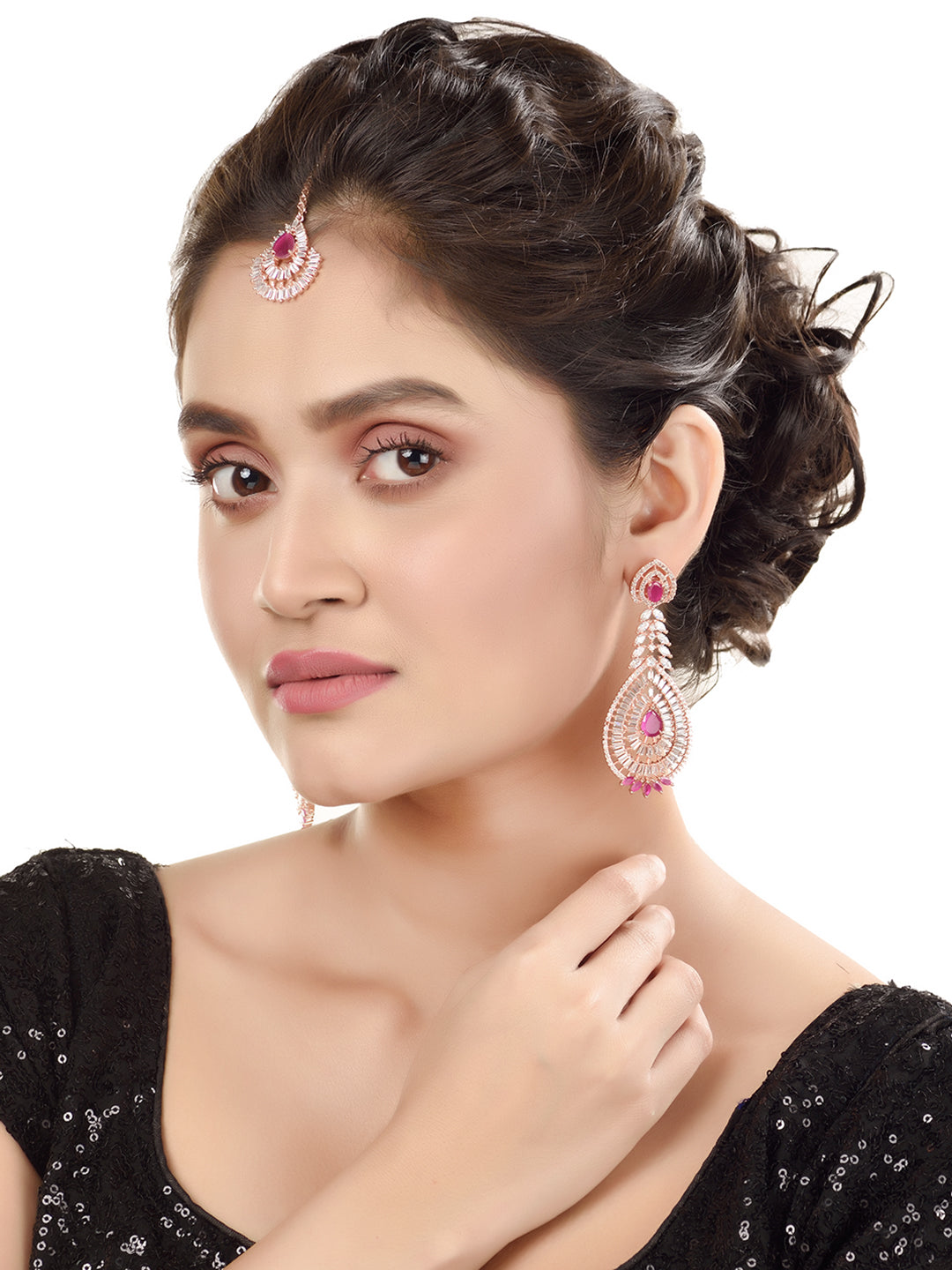 Rose Gold plated Red AD studded Leaf Design Mangtika & Earring set