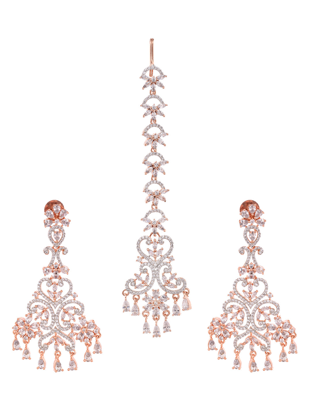 Rose Gold plated AD studded flower Design Mangtika & Earring set