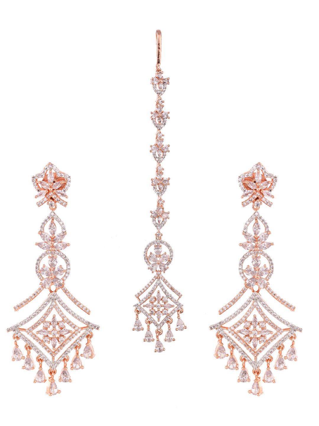 Rose Gold plated AD studded Mangtika & Earring set