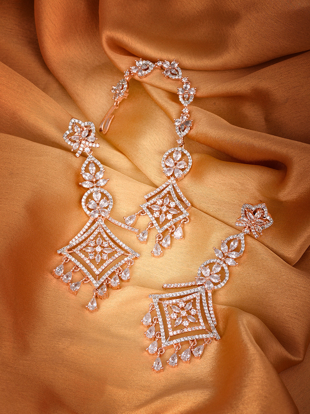 Rose Gold plated AD studded Mangtika & Earring set