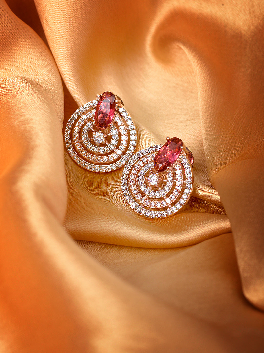 Rose Gold Plated Red and White AD Studded Concentric Studs Earrings
