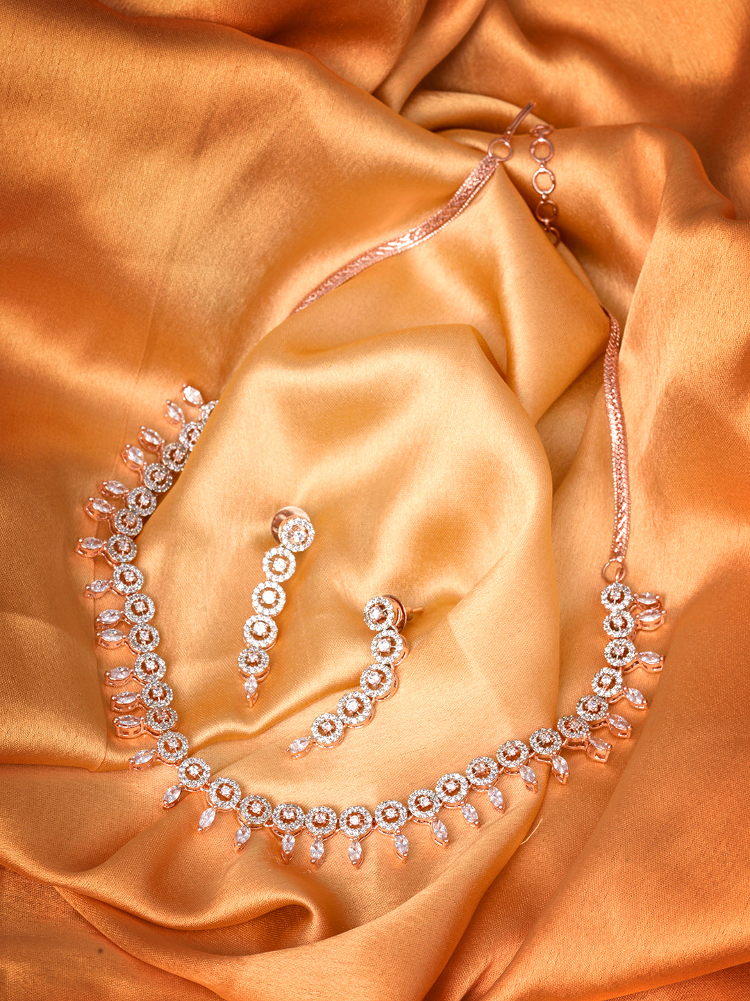 Rose Gold Plated White AD Studded Handcrafted Contemporary Jewellery Set Dropdown Earrings