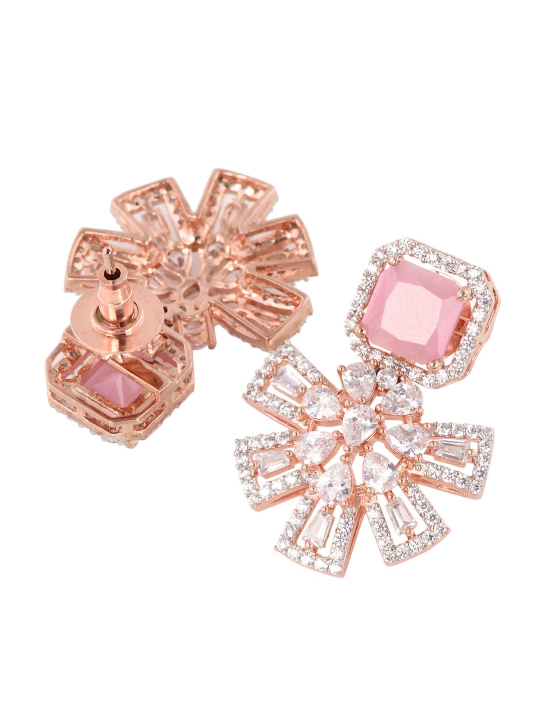 Exquisite Rose Quartz Floral design pink earrings Rose gold plated AD studded