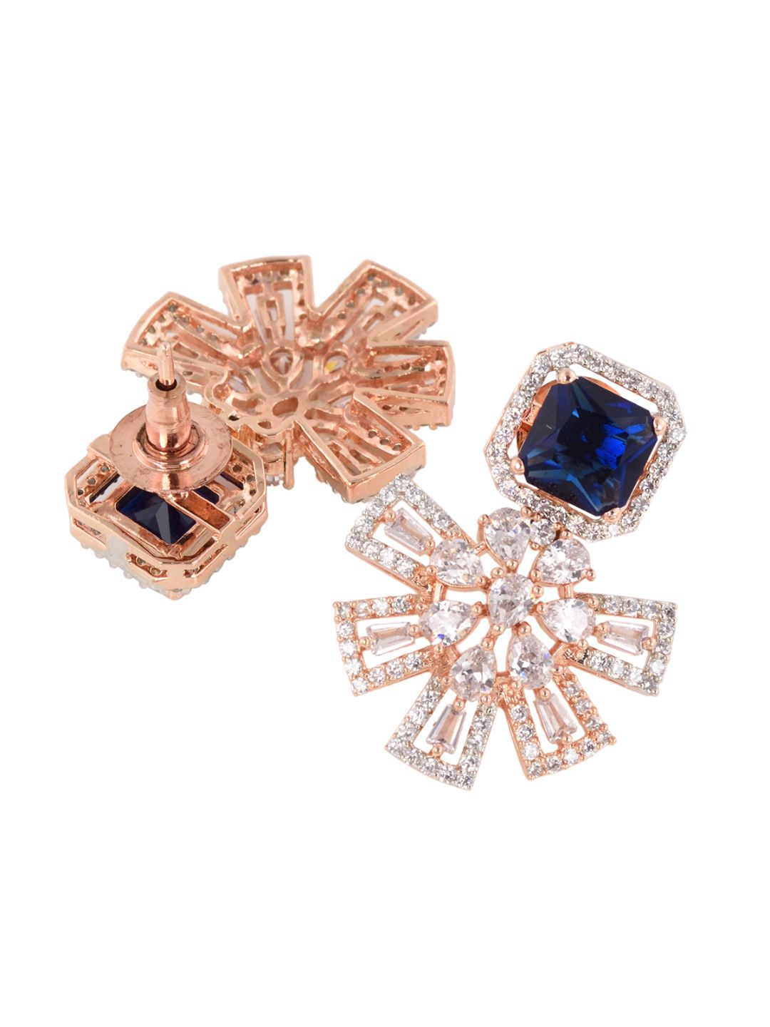 Exquisite Sapphire Floral design blue earrings Rose gold plated AD studded