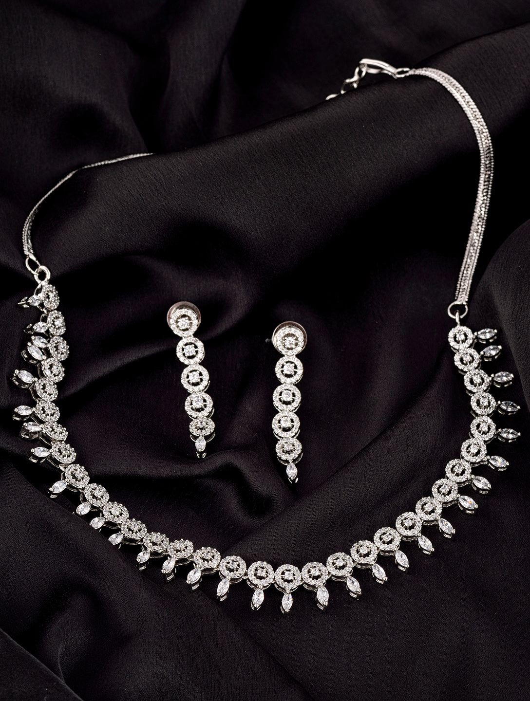 White Rhodium plated Unique Leaf Design AD studded Necklace Earrings for Women & Girls