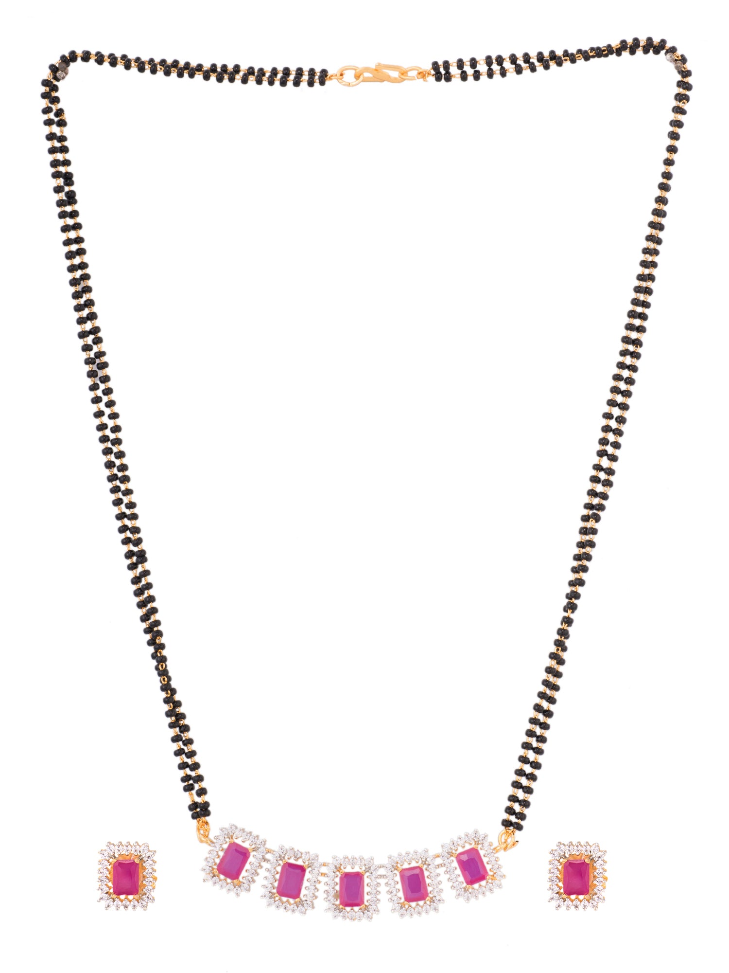 GOLD Plated Red AD Studded Black Beaded Mangalsutra Jewellery Set