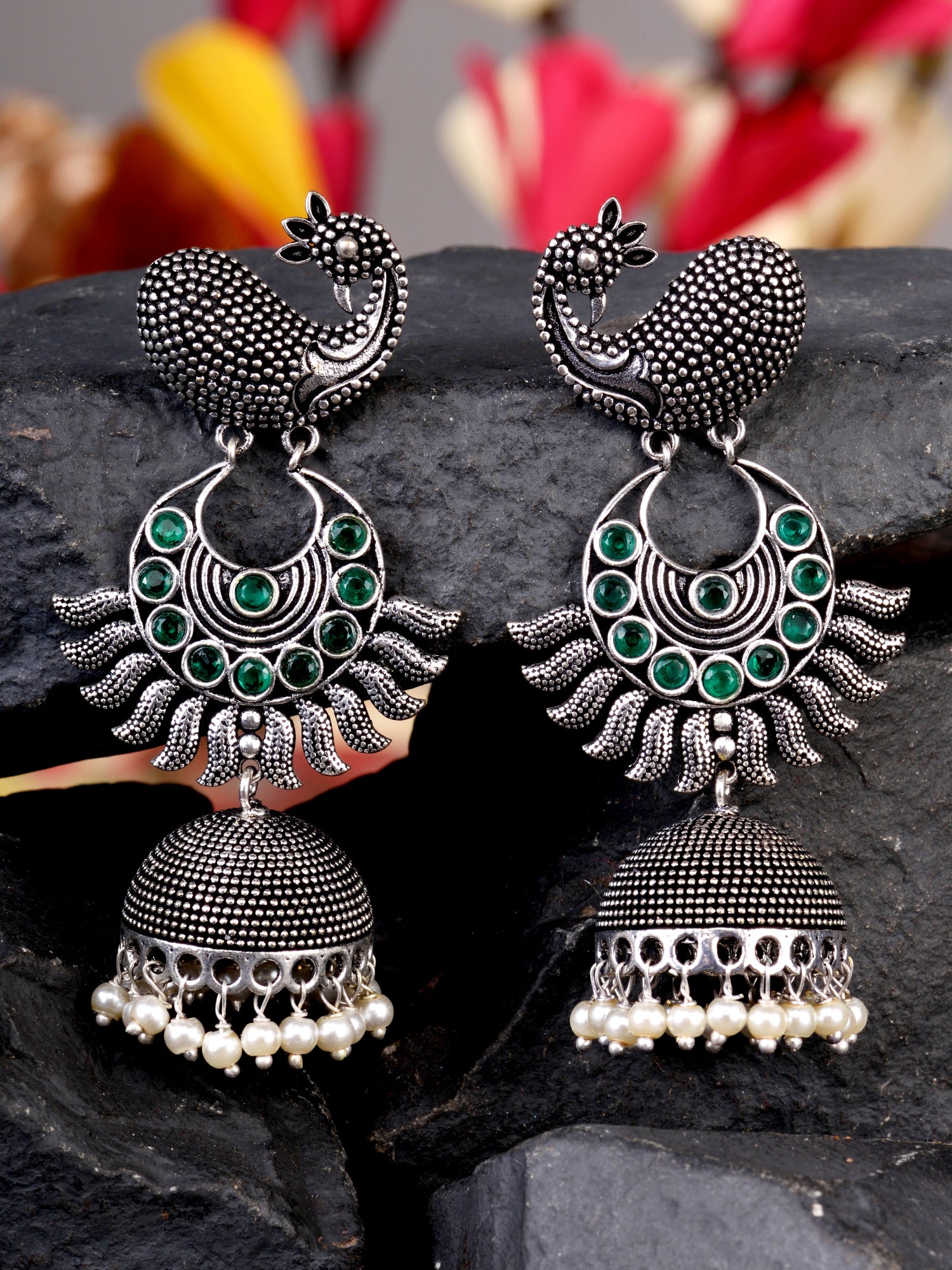 Silver Tonned Peacock design Oxidised Jhumka Earrings
