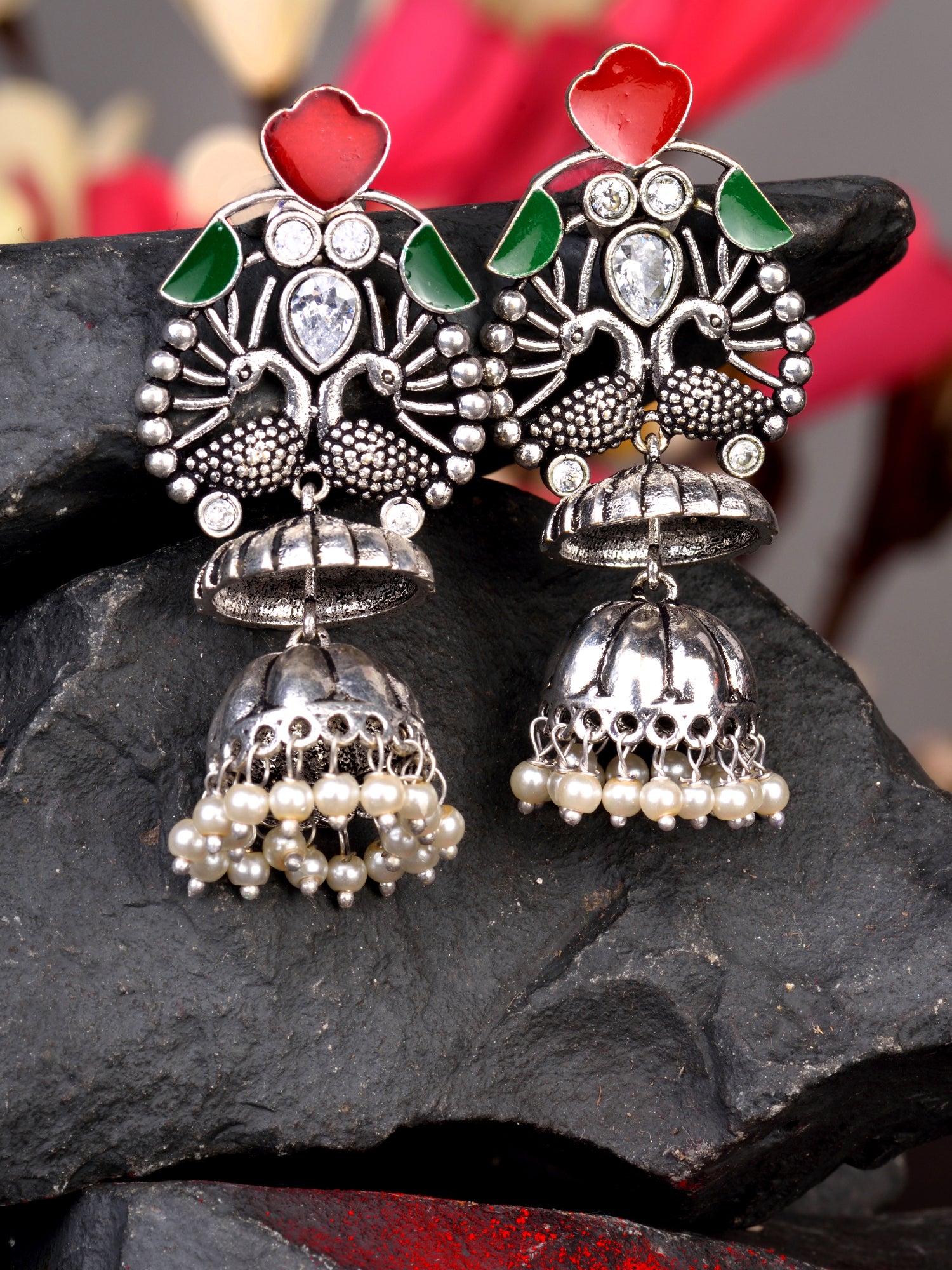 Silver Tonned Contemporary Oxidised Jhumka Earrings