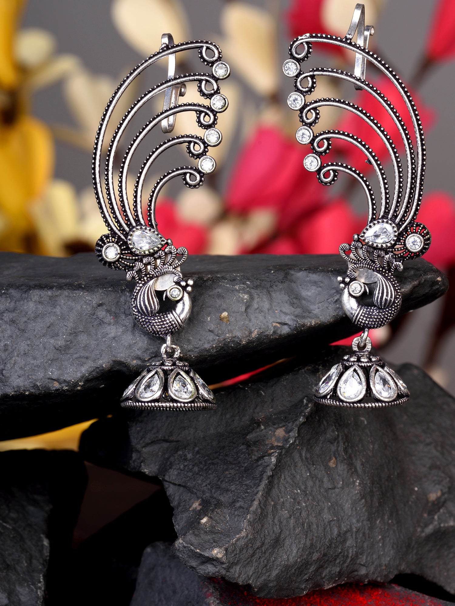 Silver Plated design Oxidised Jhumka Earrings