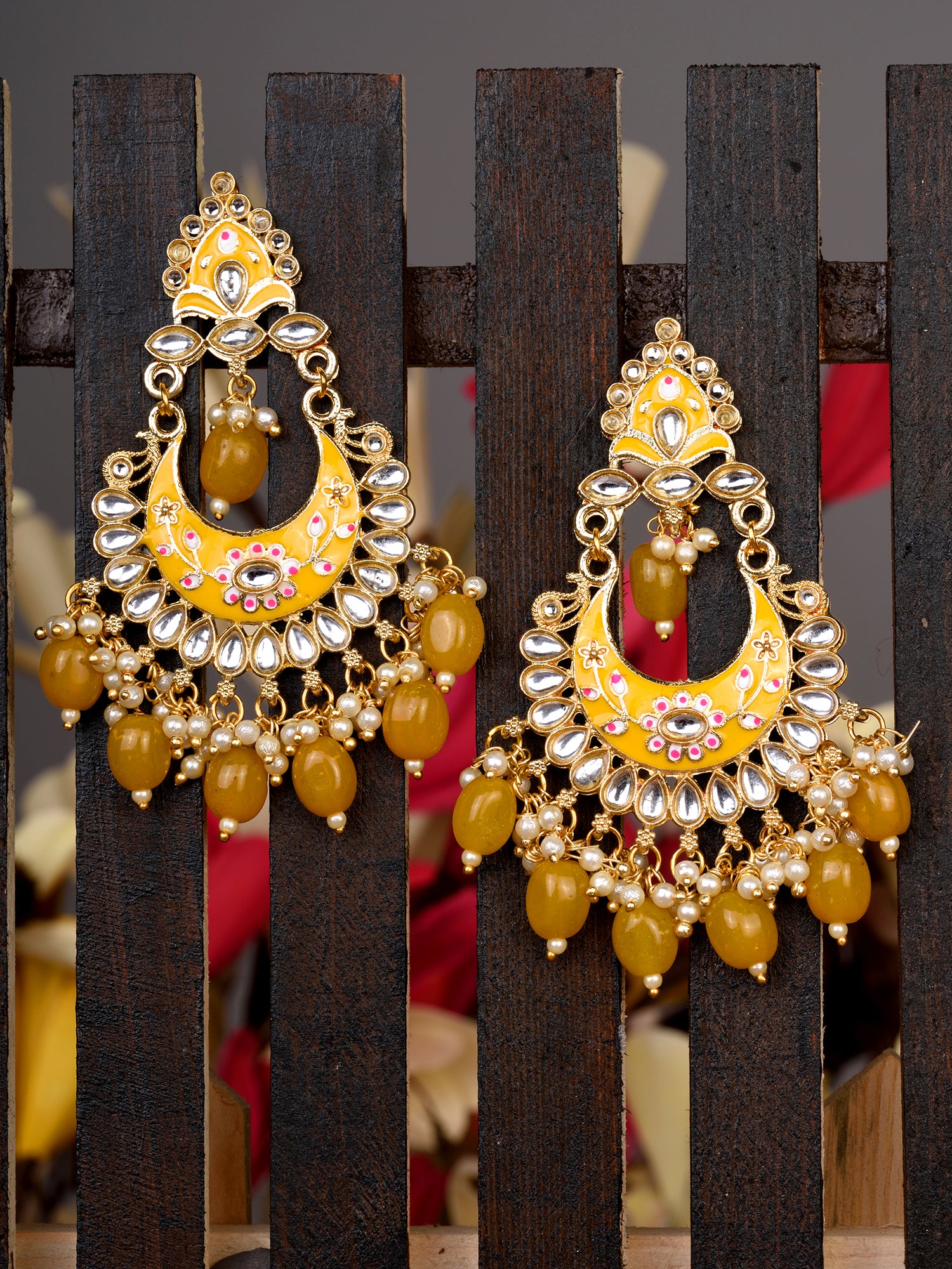 Gold Plated Yellow Contemporary Chandbali Drop Earrings