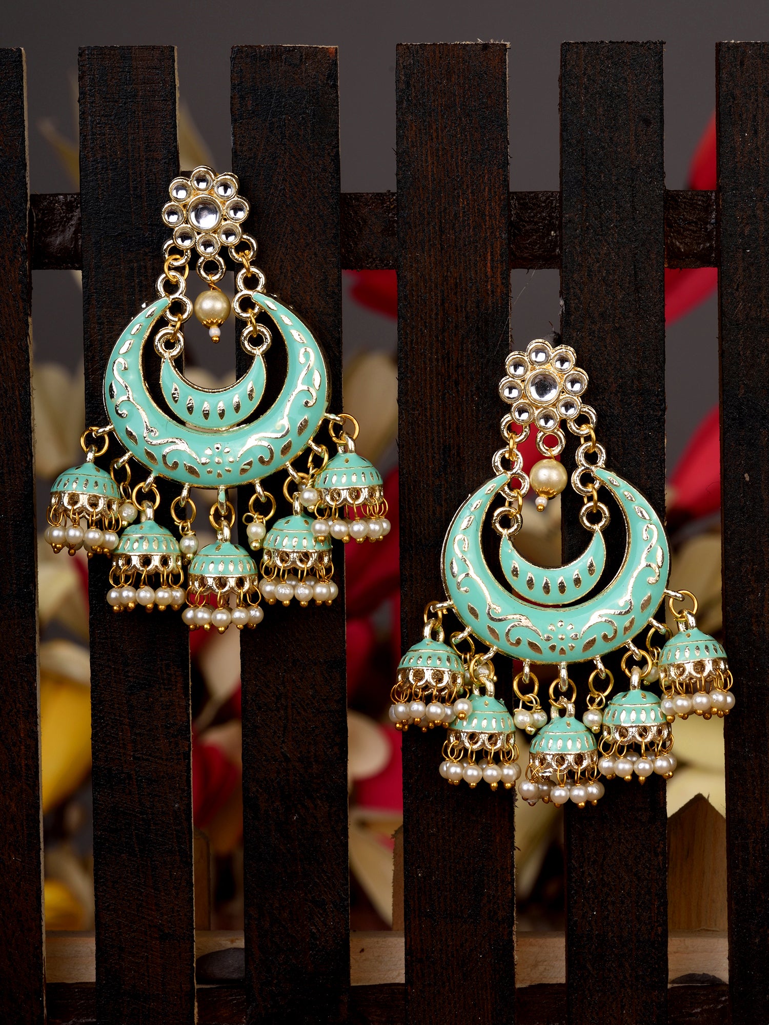 Gold Plated Mint Contemporary Chandbali Drop Earrings