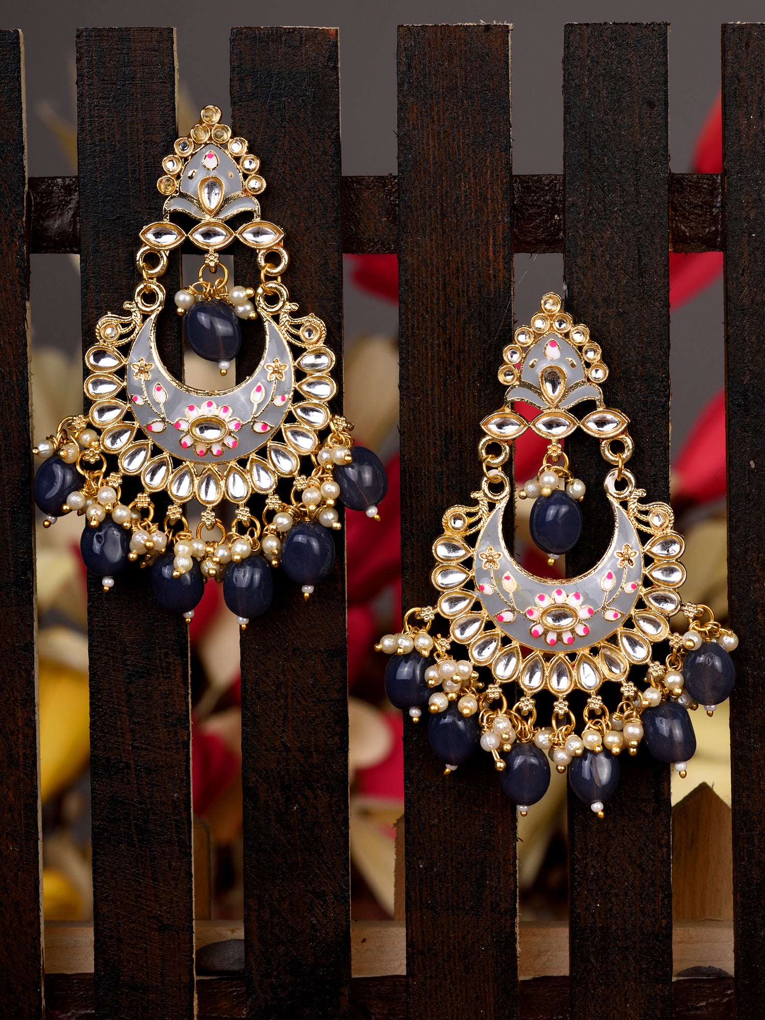 Gold Plated Grey Contemporary Chandbali Drop Earrings