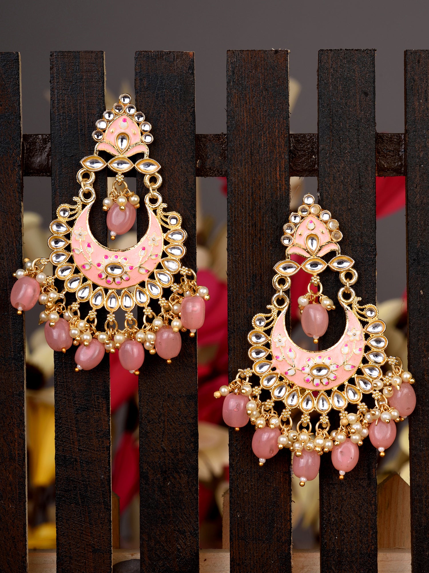 Gold Plated Pink Contemporary Chandbali Drop Earrings
