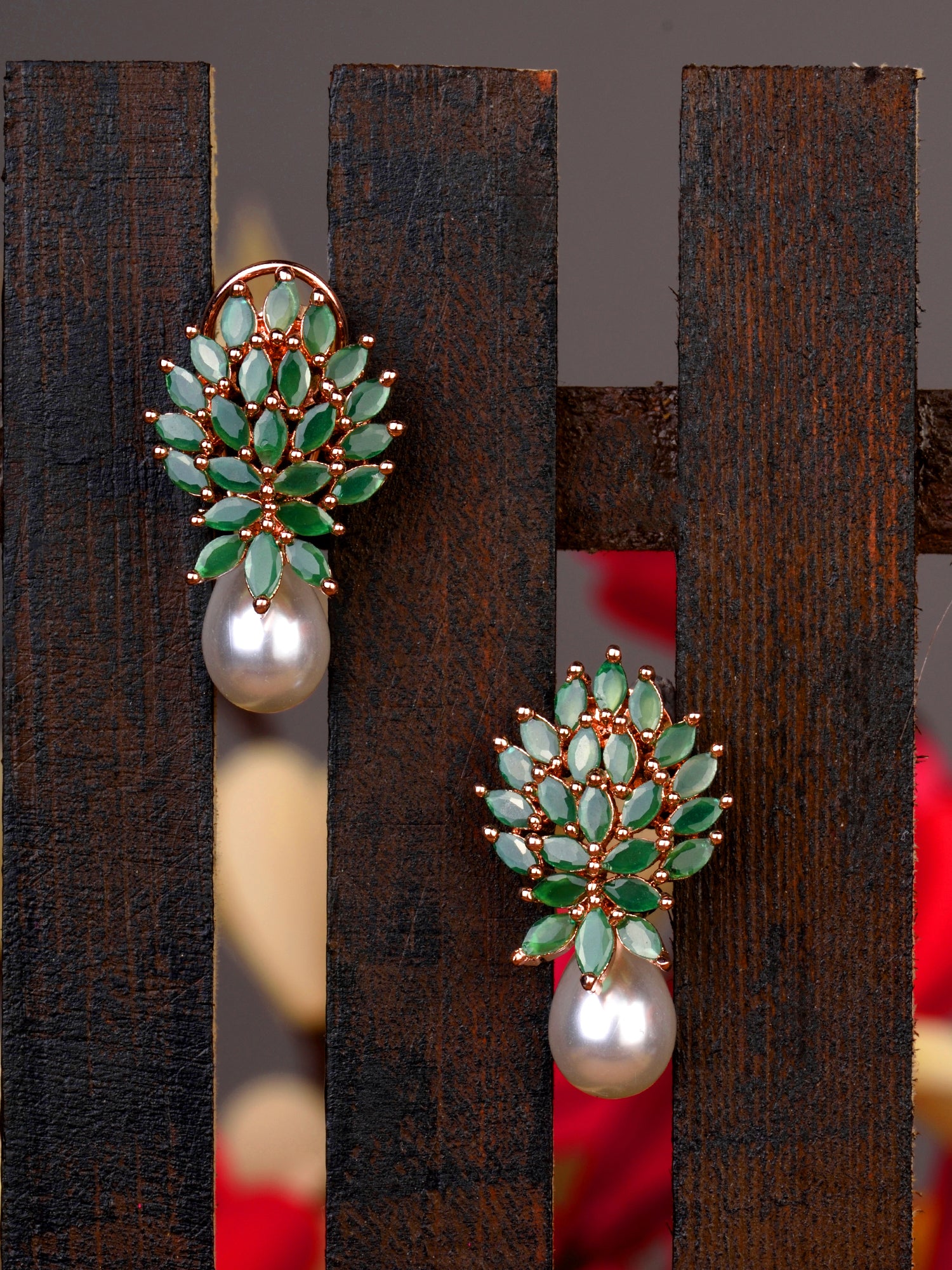 Rose Gold Plated Green AD Studded Luxourios Pearl Drop Earrings