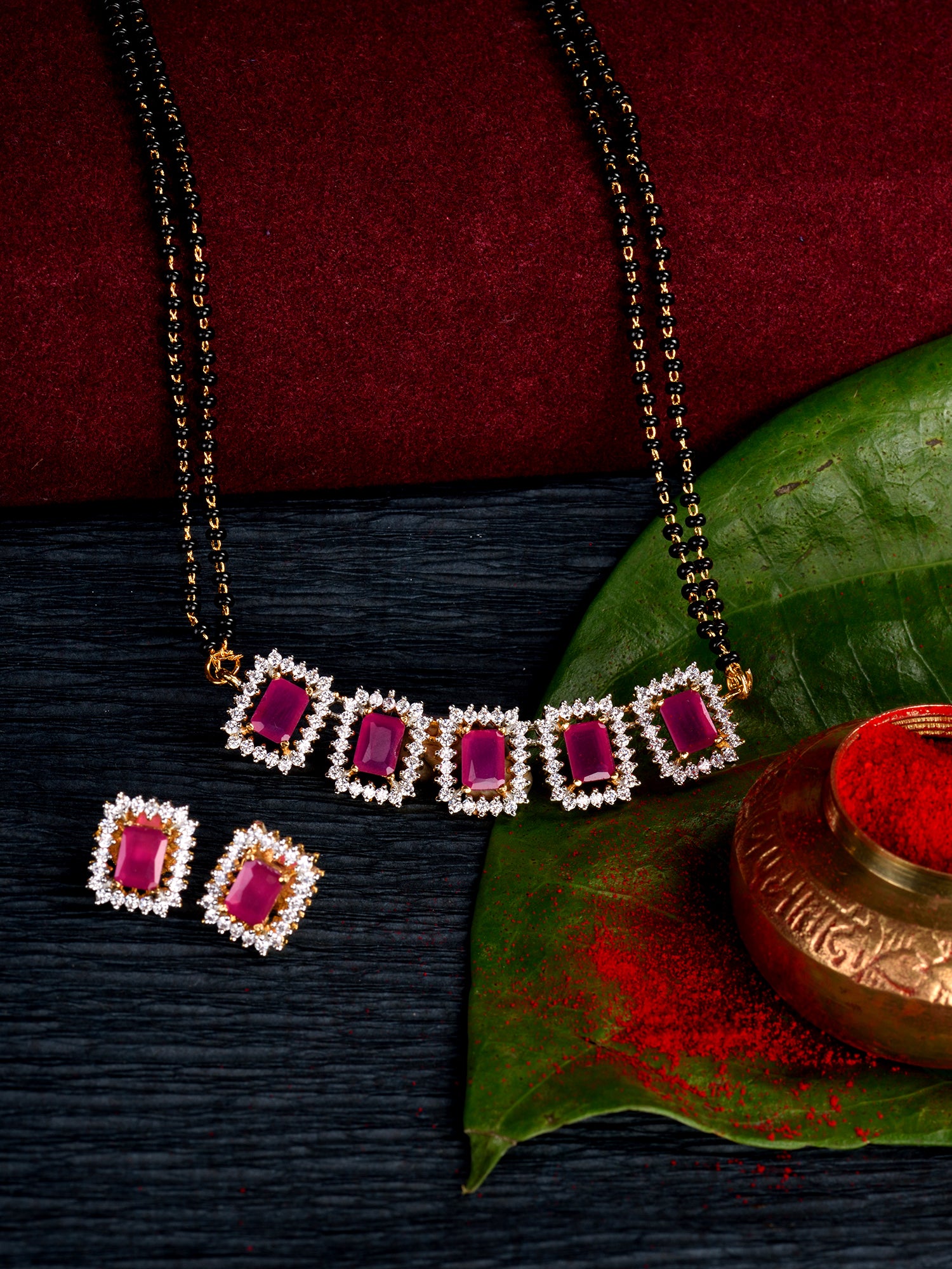 GOLD Plated Red AD Studded Black Beaded Mangalsutra Jewellery Set