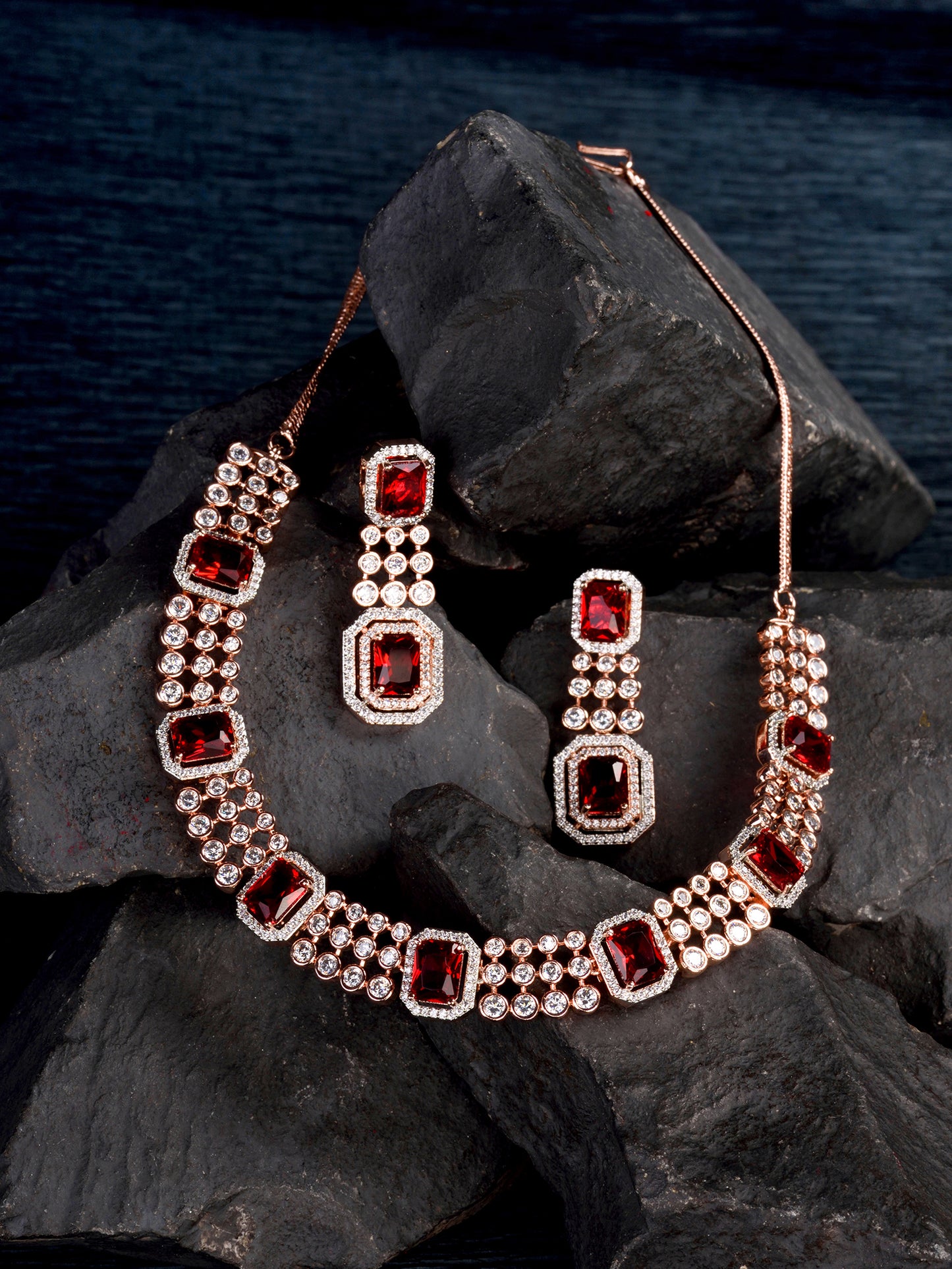 Rose Gold Plated White & Red AD Studded Contemporary Necklace Jewellery Set