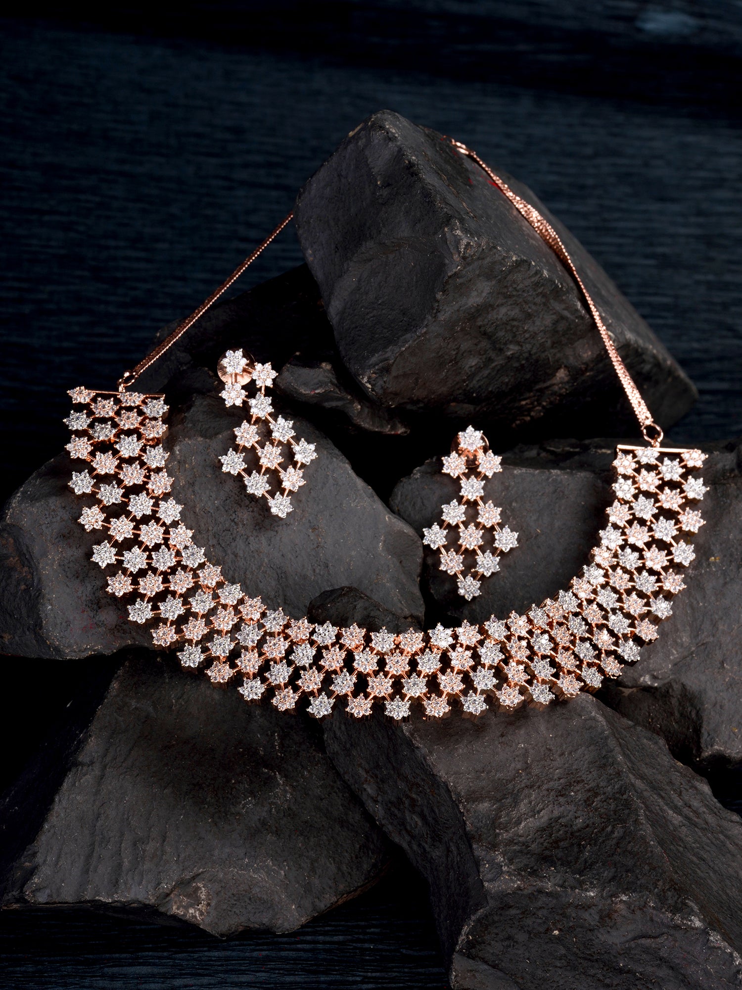 Rose Gold Plated White AD Studded Modern Necklace Jewellery Set Earrings