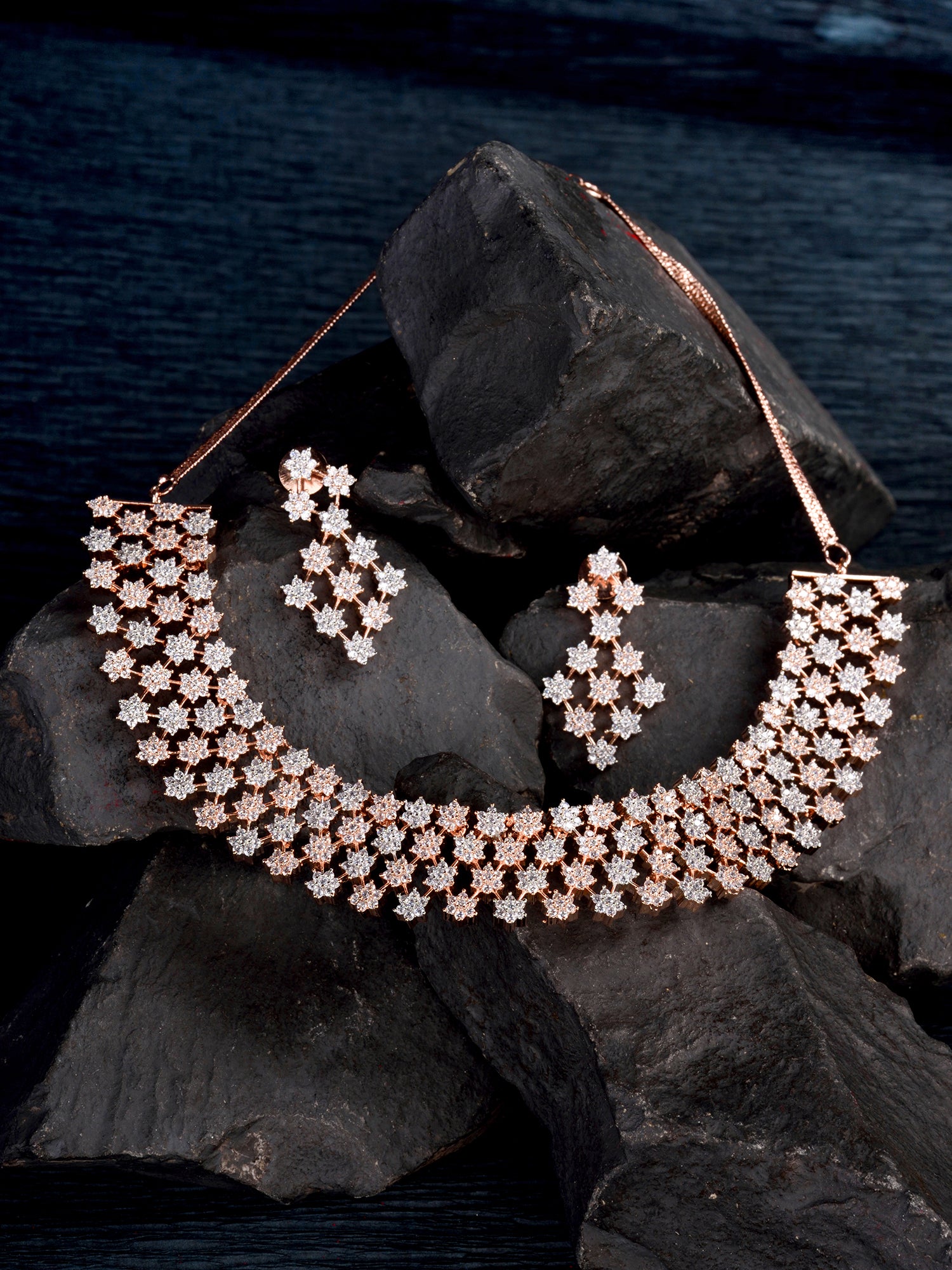 Rose Gold Plated White AD Studded Modern Necklace Jewellery Set Earrings