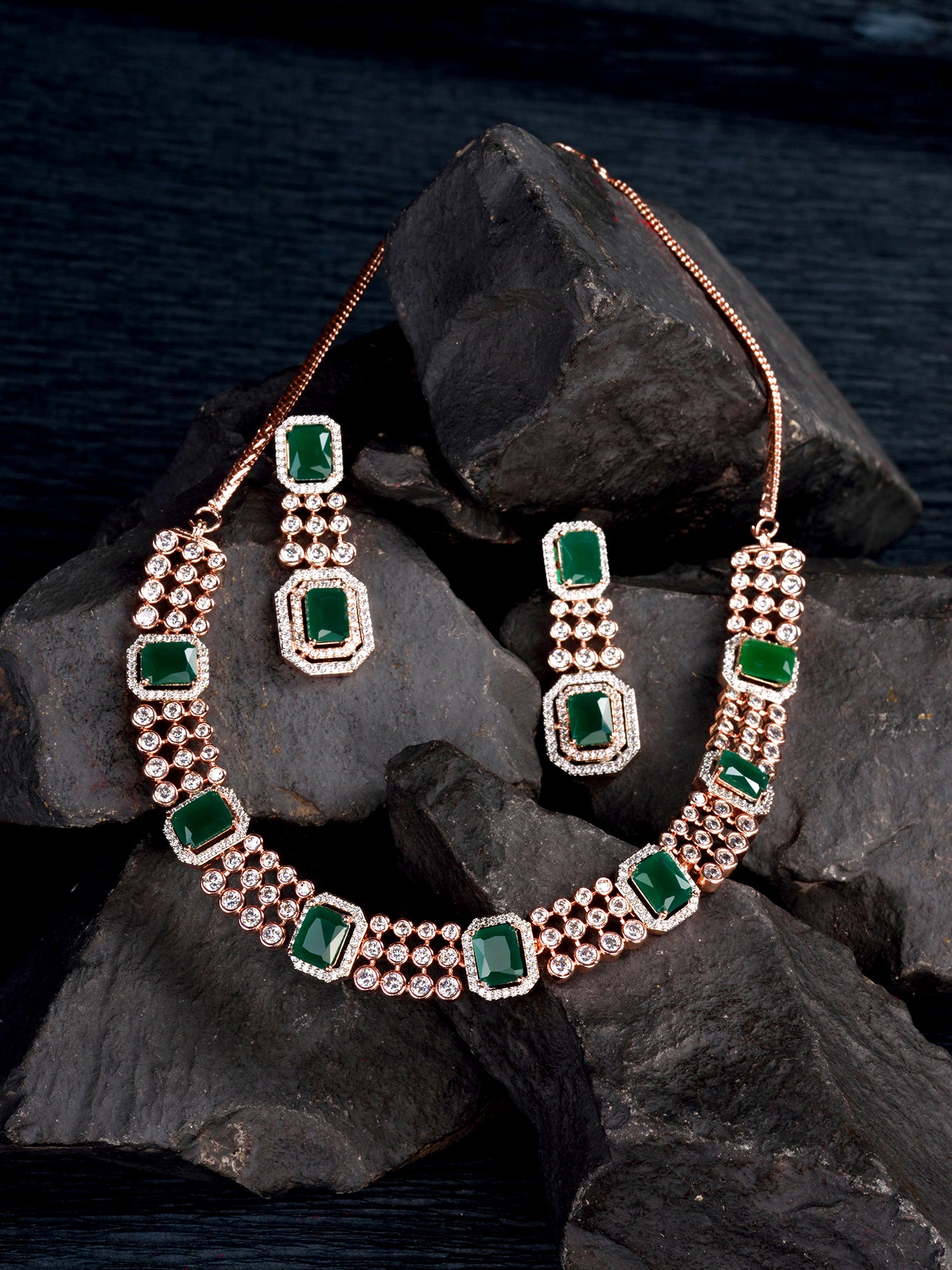 Rose Gold Plated White & Green AD Studded Modern Necklace Jewellery Set