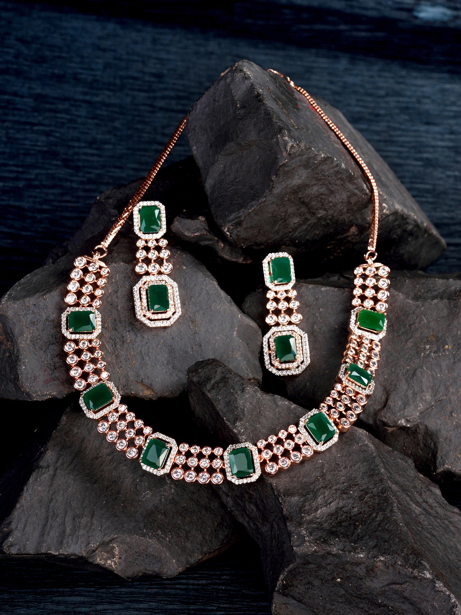 Rose Gold Plated White & Green AD Studded Modern Necklace Jewellery Set