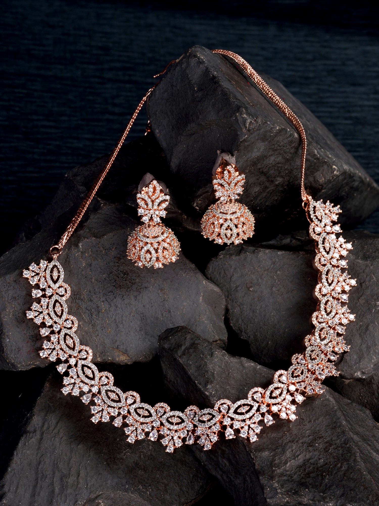 Rose Gold Plated White AD Studded Necklace Jhumka Jewellery Set