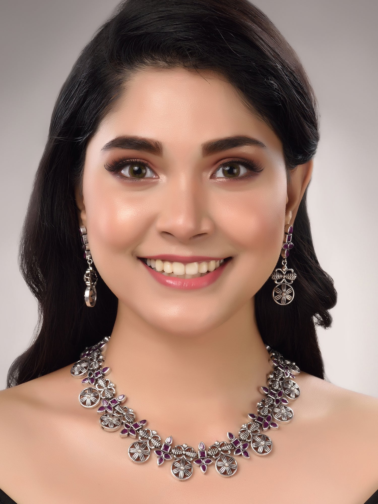 Silver Oxidised Maroon Stone Studded Tribal Necklace Jewellery Set