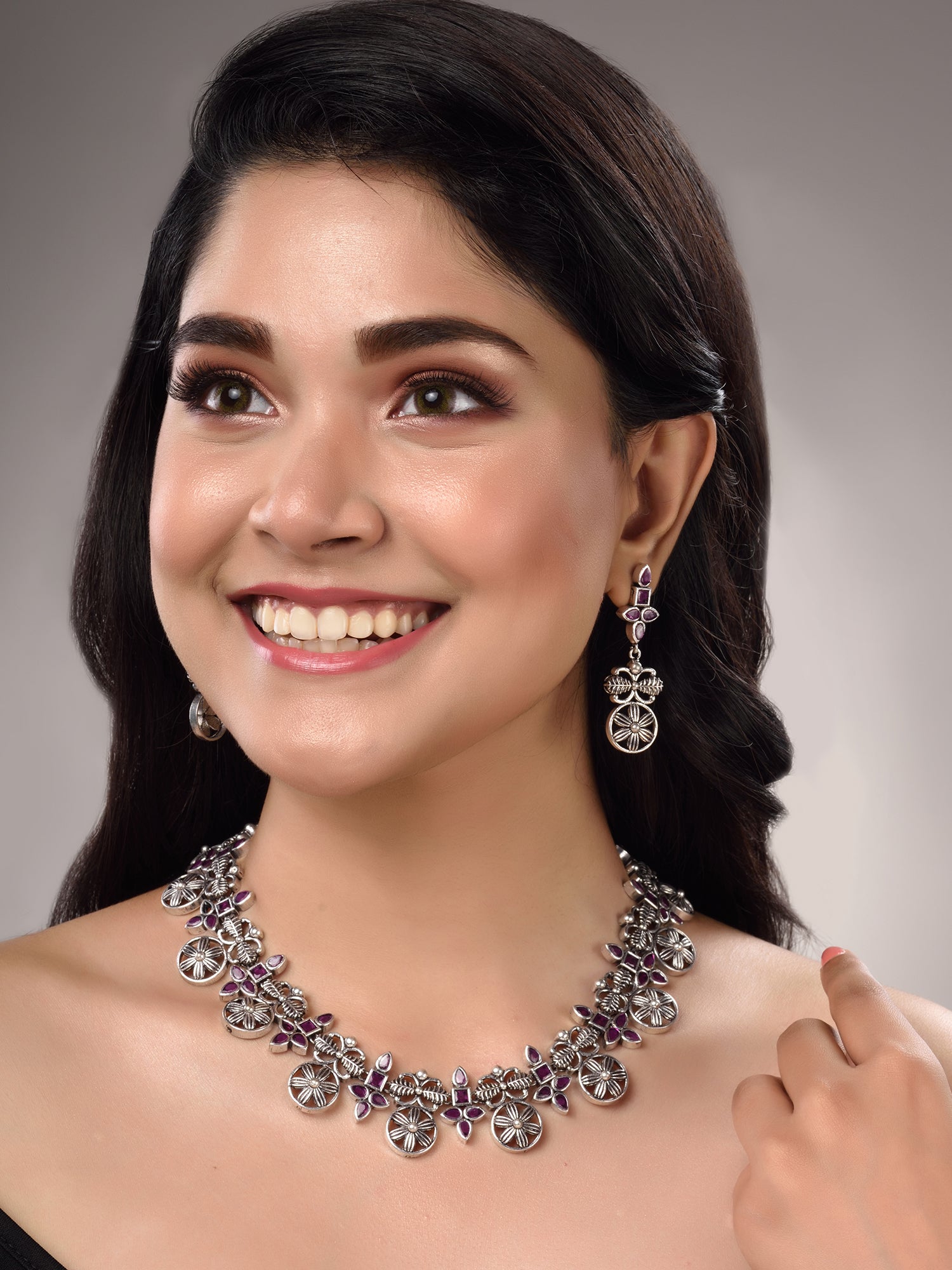 Silver Oxidised Maroon Stone Studded Tribal Necklace Jewellery Set