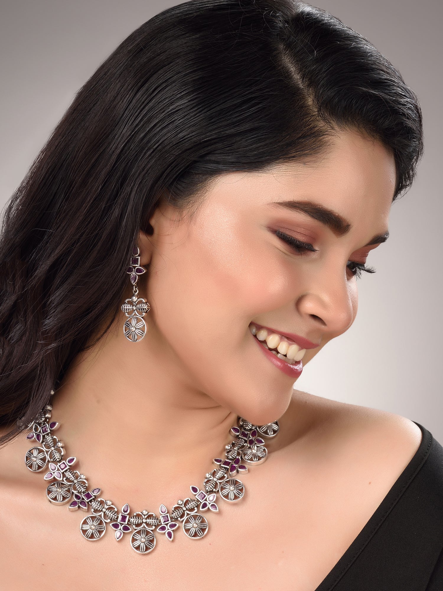 Silver Oxidised Maroon Stone Studded Tribal Necklace Jewellery Set