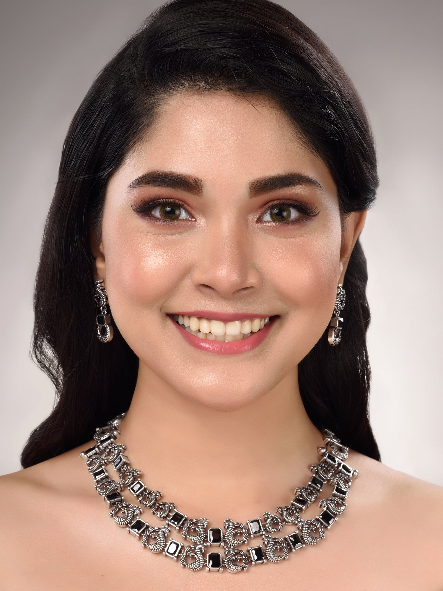 Silver Oxidised Black Stone Studded Double Layered Necklace Jewellery Set