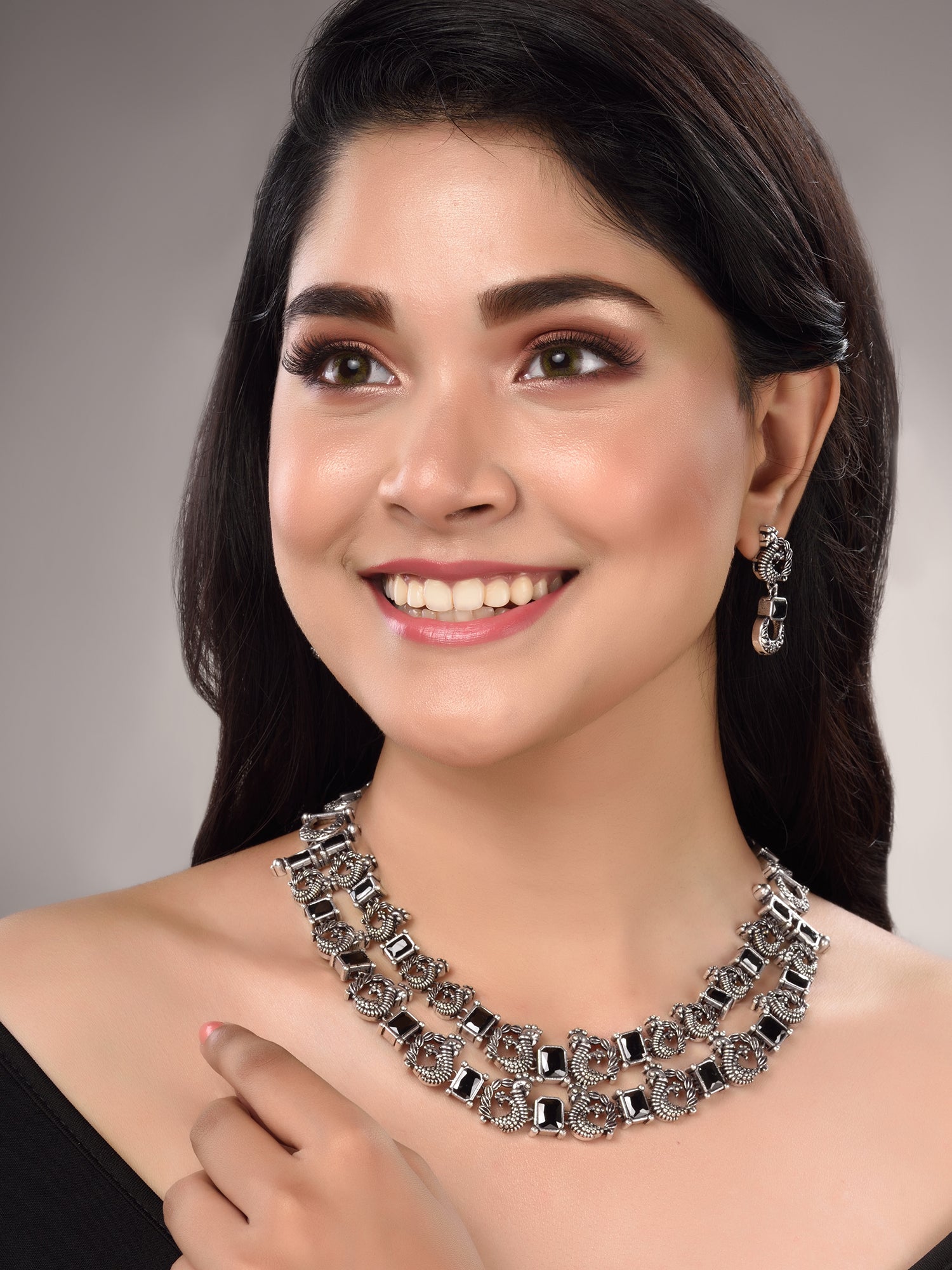 Silver Oxidised Black Stone Studded Double Layered Necklace Jewellery Set