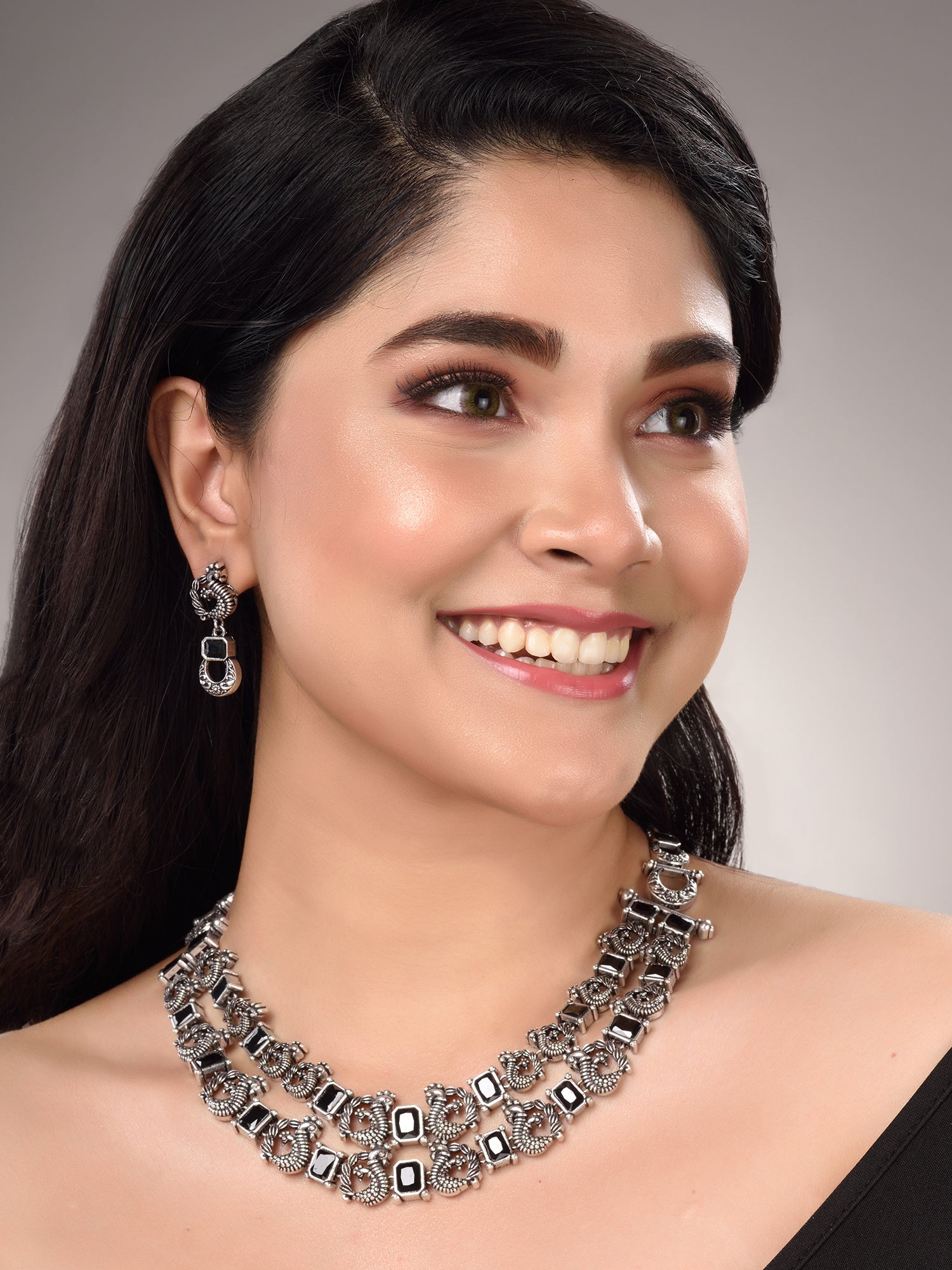 Silver Oxidised Black Stone Studded Double Layered Necklace Jewellery Set