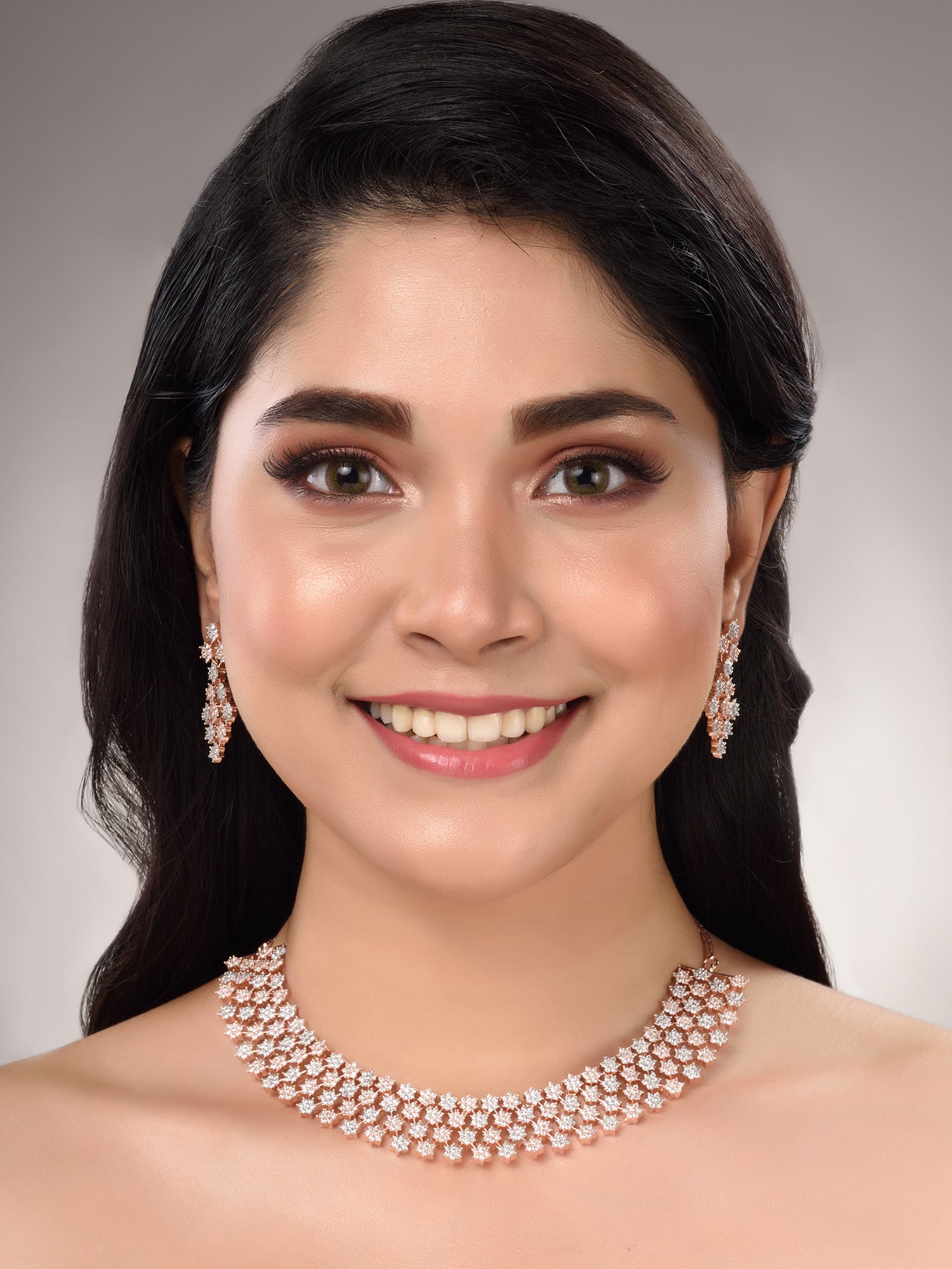 Rose Gold Plated White AD Studded Modern Necklace Jewellery Set Earrings