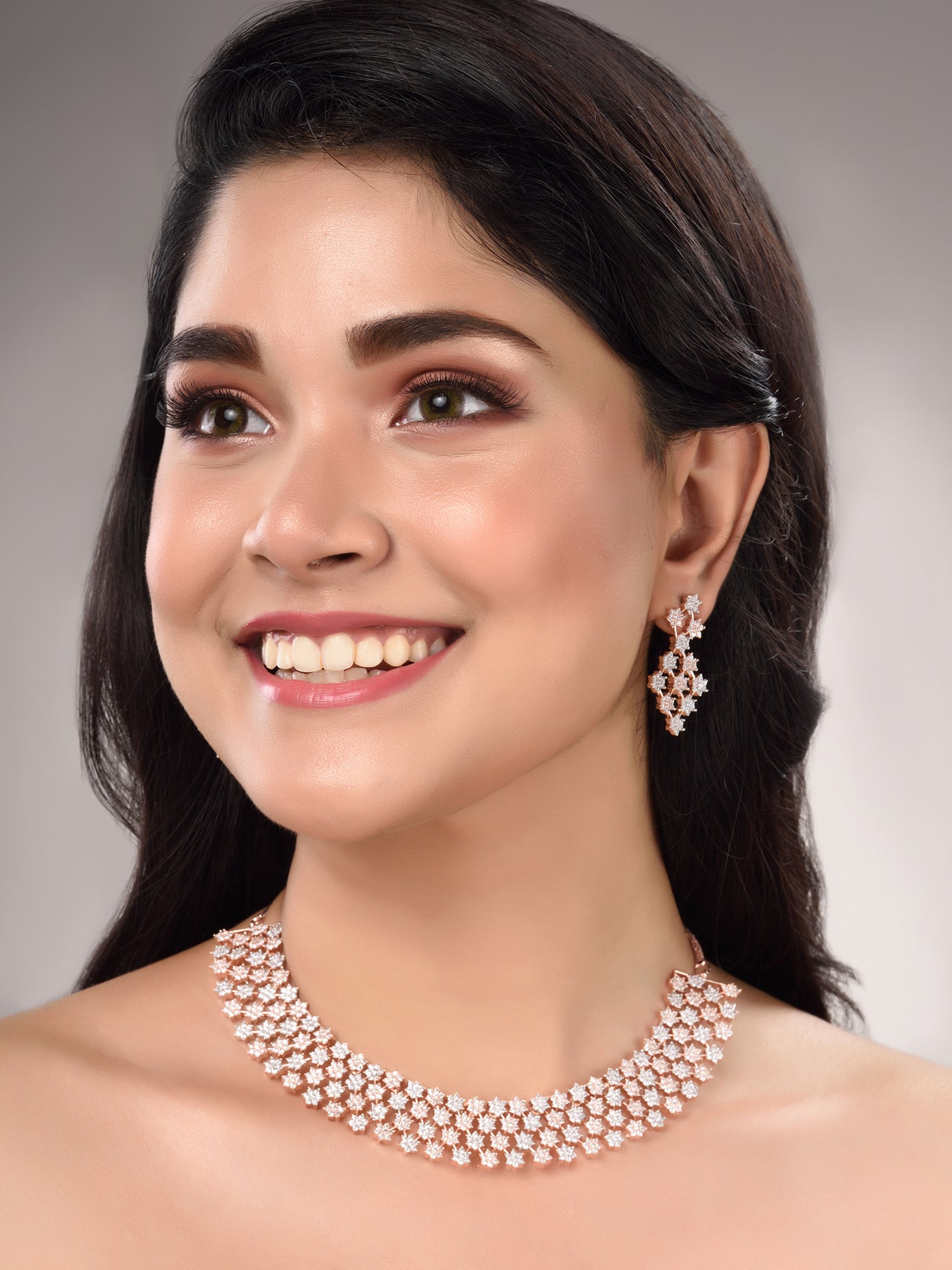 Rose Gold Plated White AD Studded Modern Necklace Jewellery Set Earrings