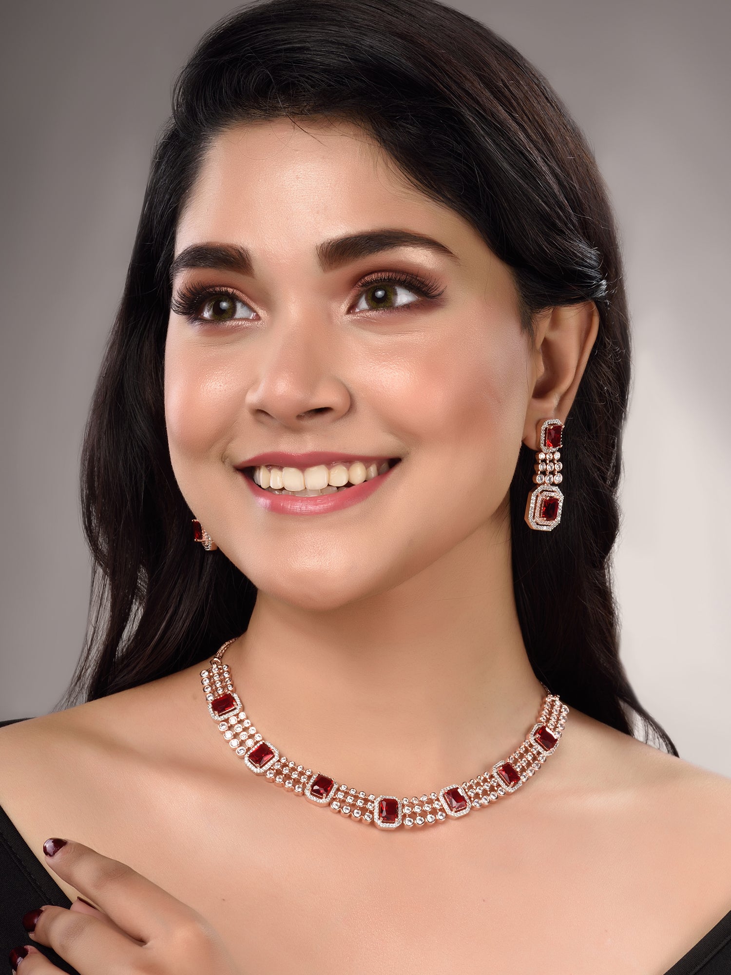 Rose Gold Plated White & Red AD Studded Contemporary Necklace Jewellery Set