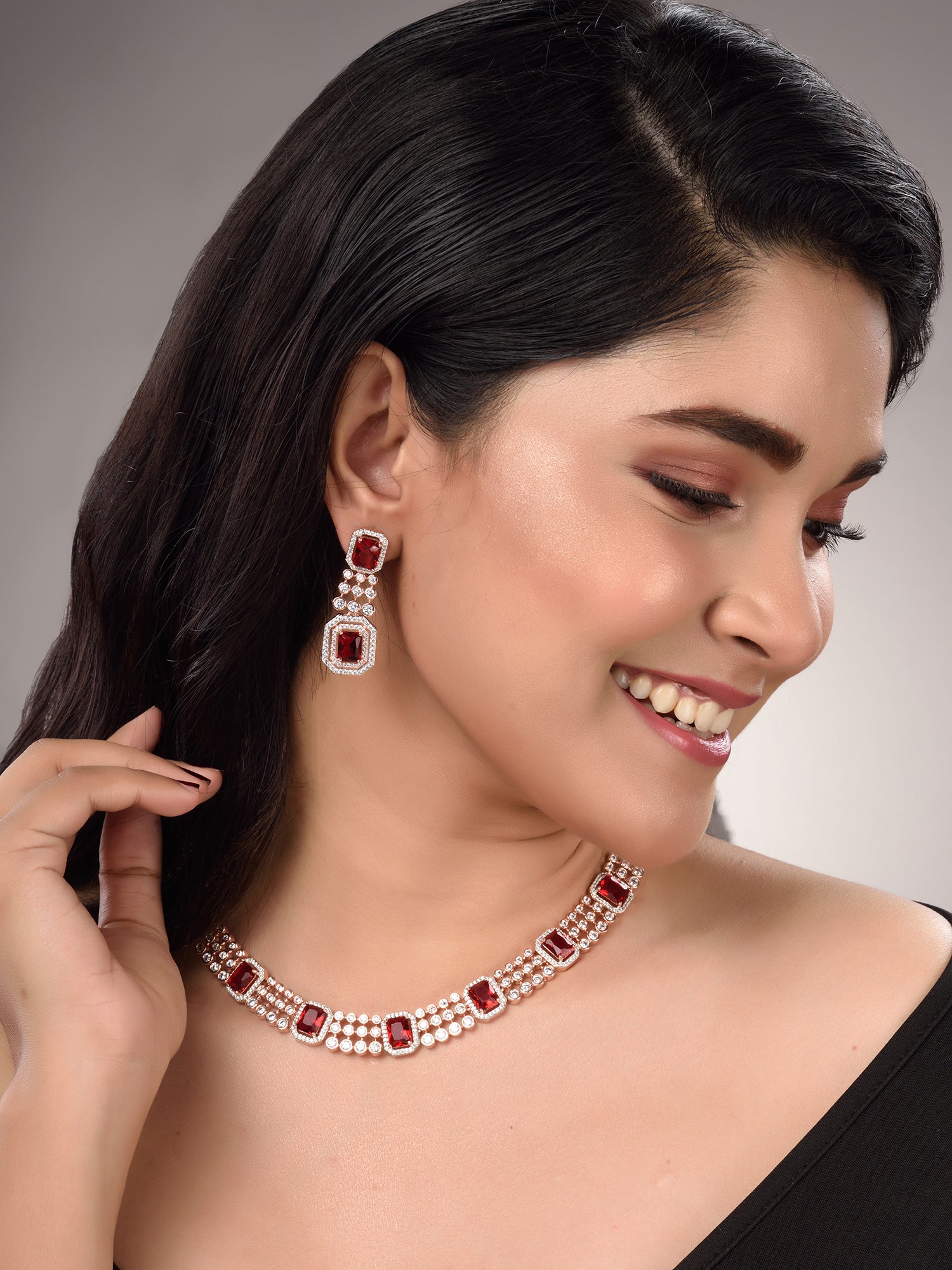 Rose Gold Plated White & Red AD Studded Contemporary Necklace Jewellery Set