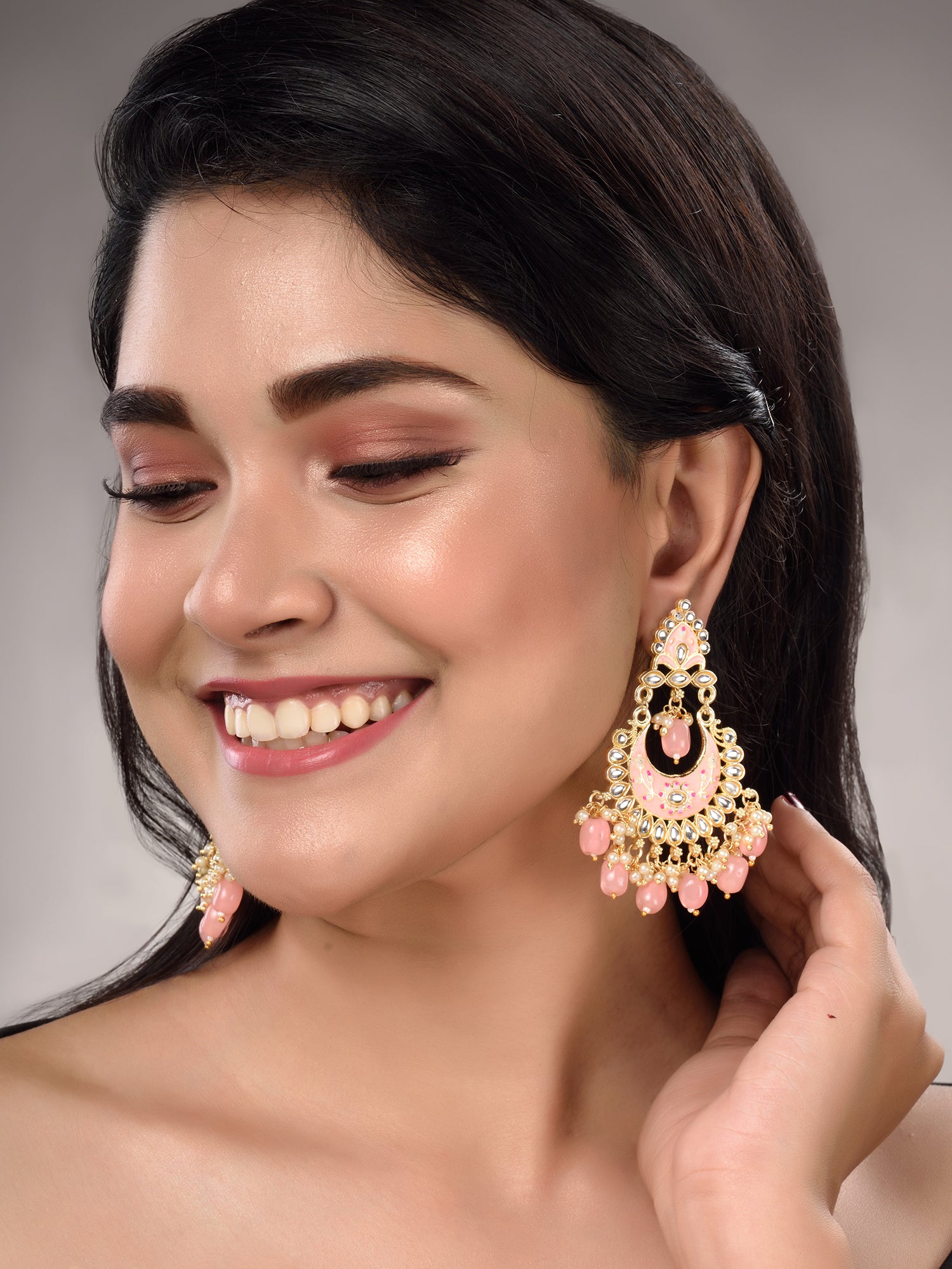 Gold Plated Pink Contemporary Chandbali Drop Earrings