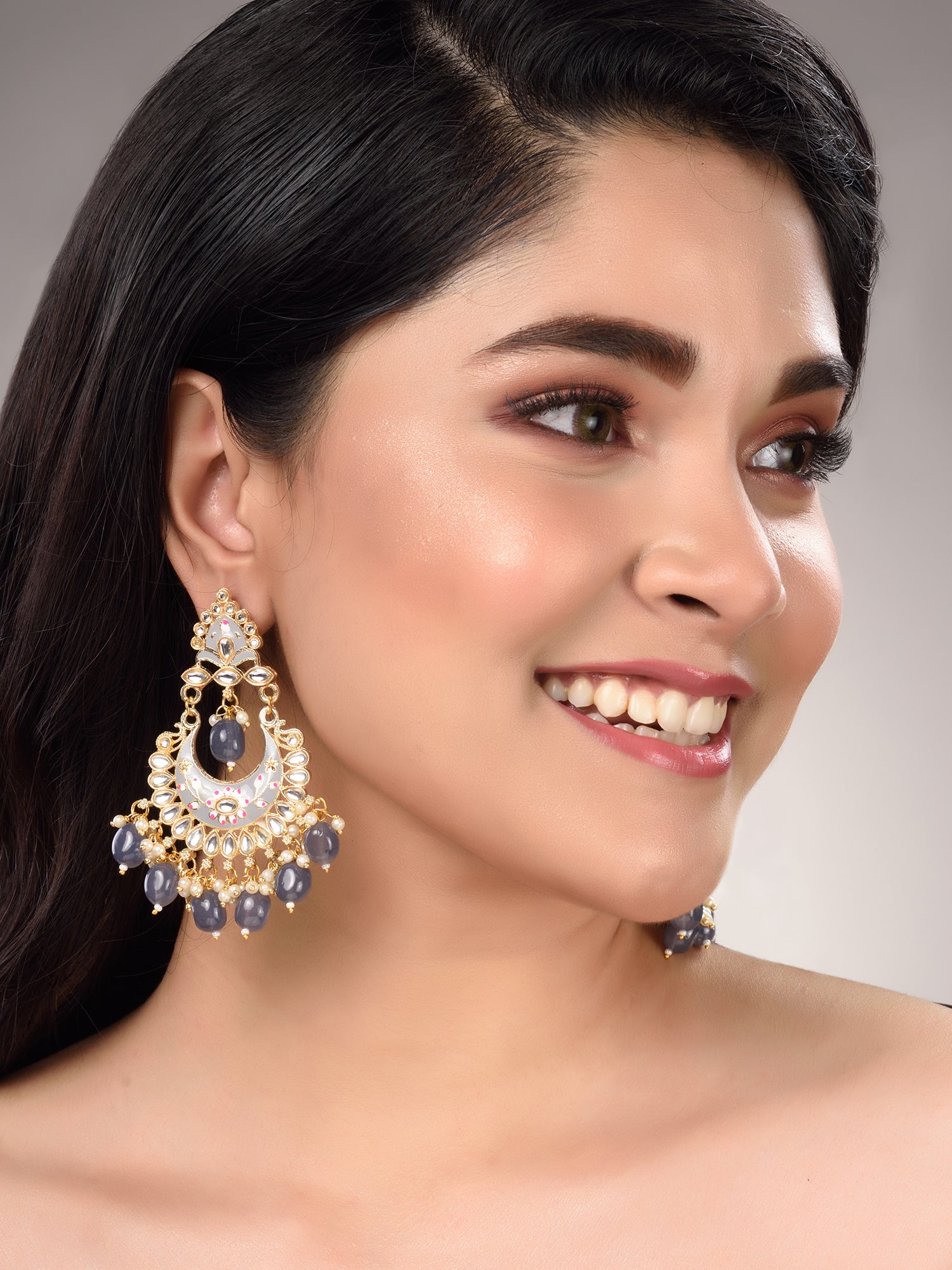 Gold Plated Grey Contemporary Chandbali Drop Earrings