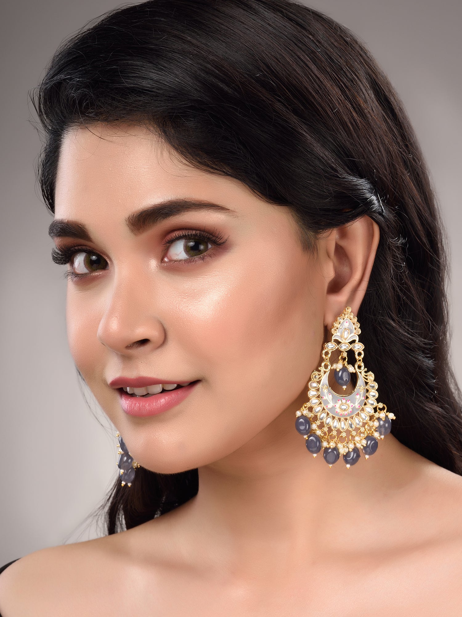 Gold Plated Grey Contemporary Chandbali Drop Earrings