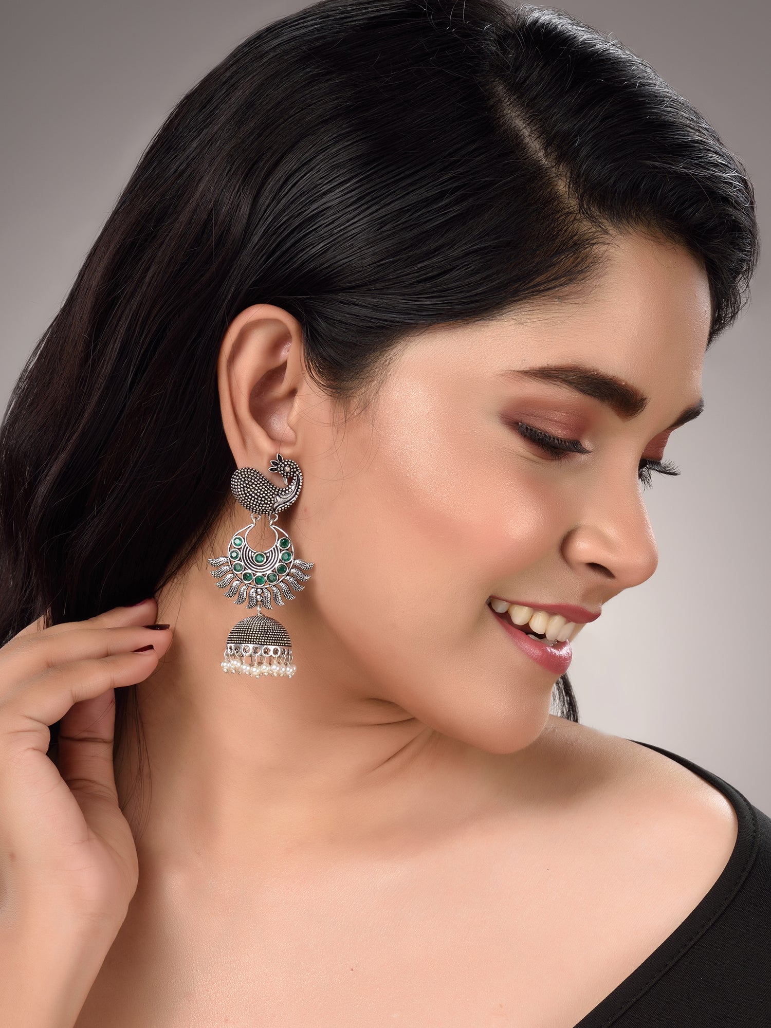 Silver Tonned Peacock design Oxidised Jhumka Earrings