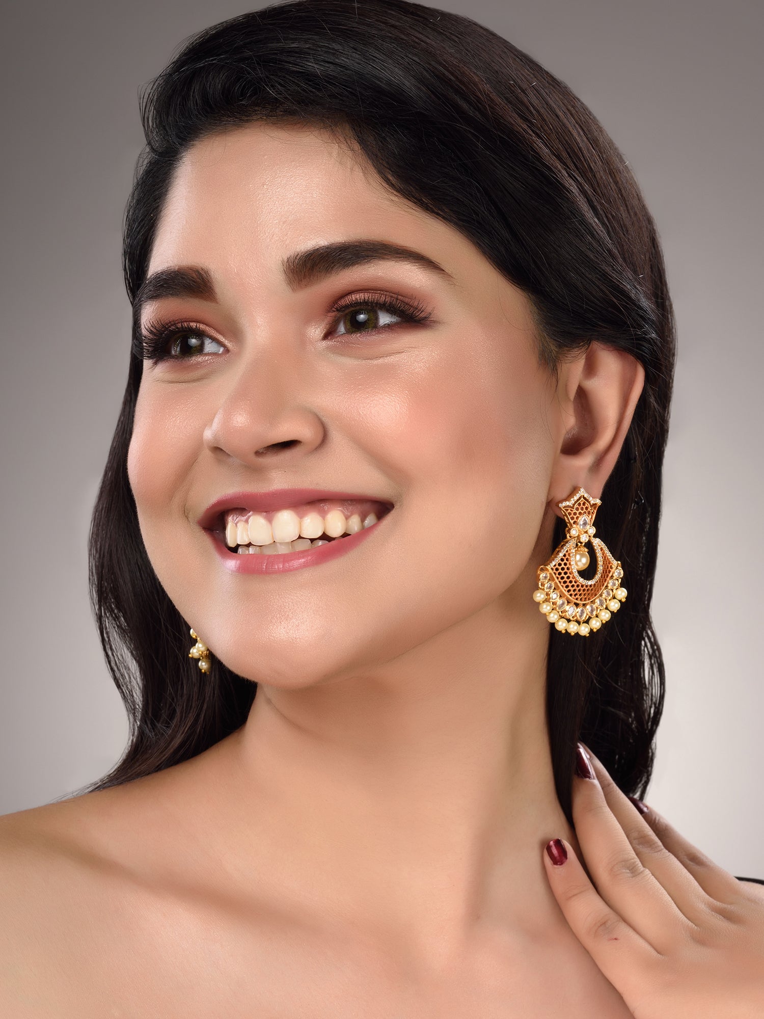 Rose Gold Plated AD Studded Modern Chandbali Pearl Drop Earrings