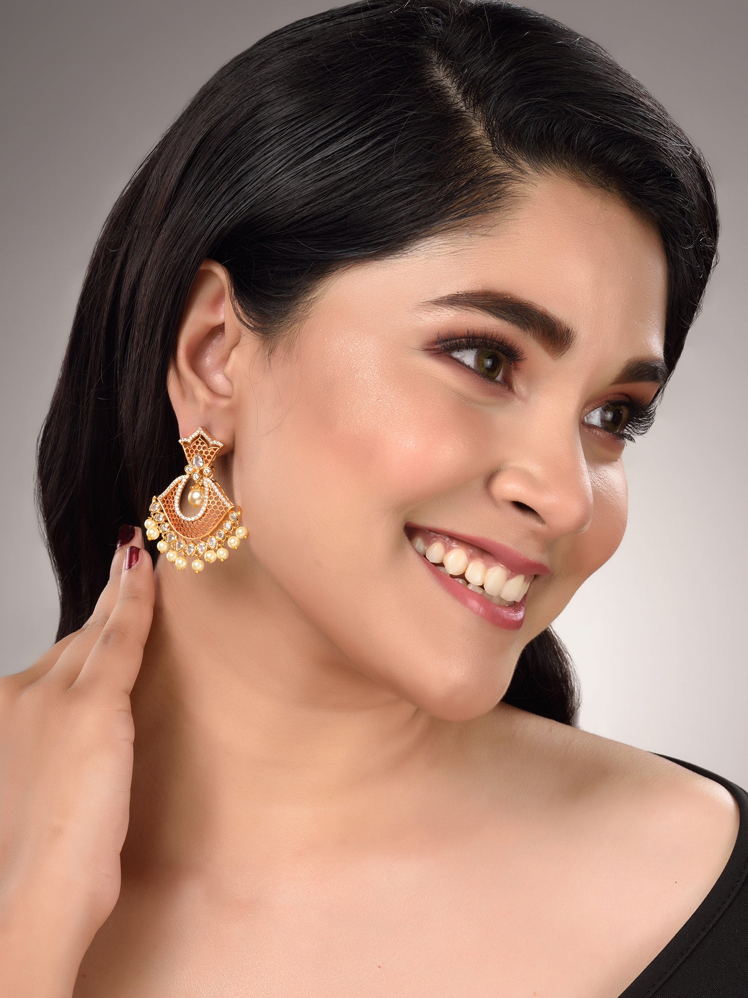 Rose Gold Plated AD Studded Modern Chandbali Pearl Drop Earrings