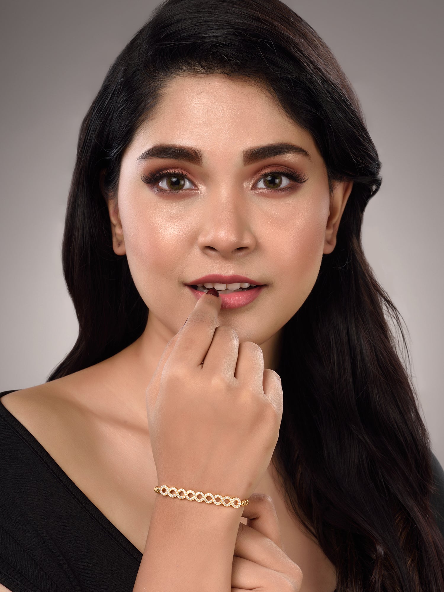 Gold Toned White AD Studded Contemporary Wraparound Bracelet