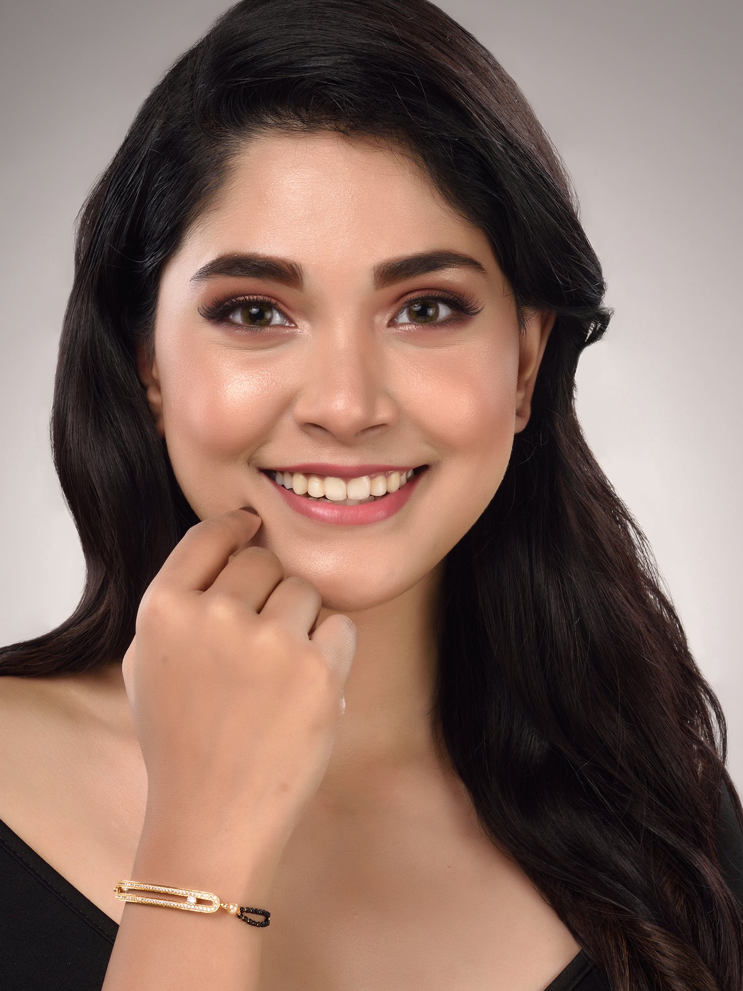 Gold Plated White AD Studded Black Beaded adjustable Mangalsutra Bracelet