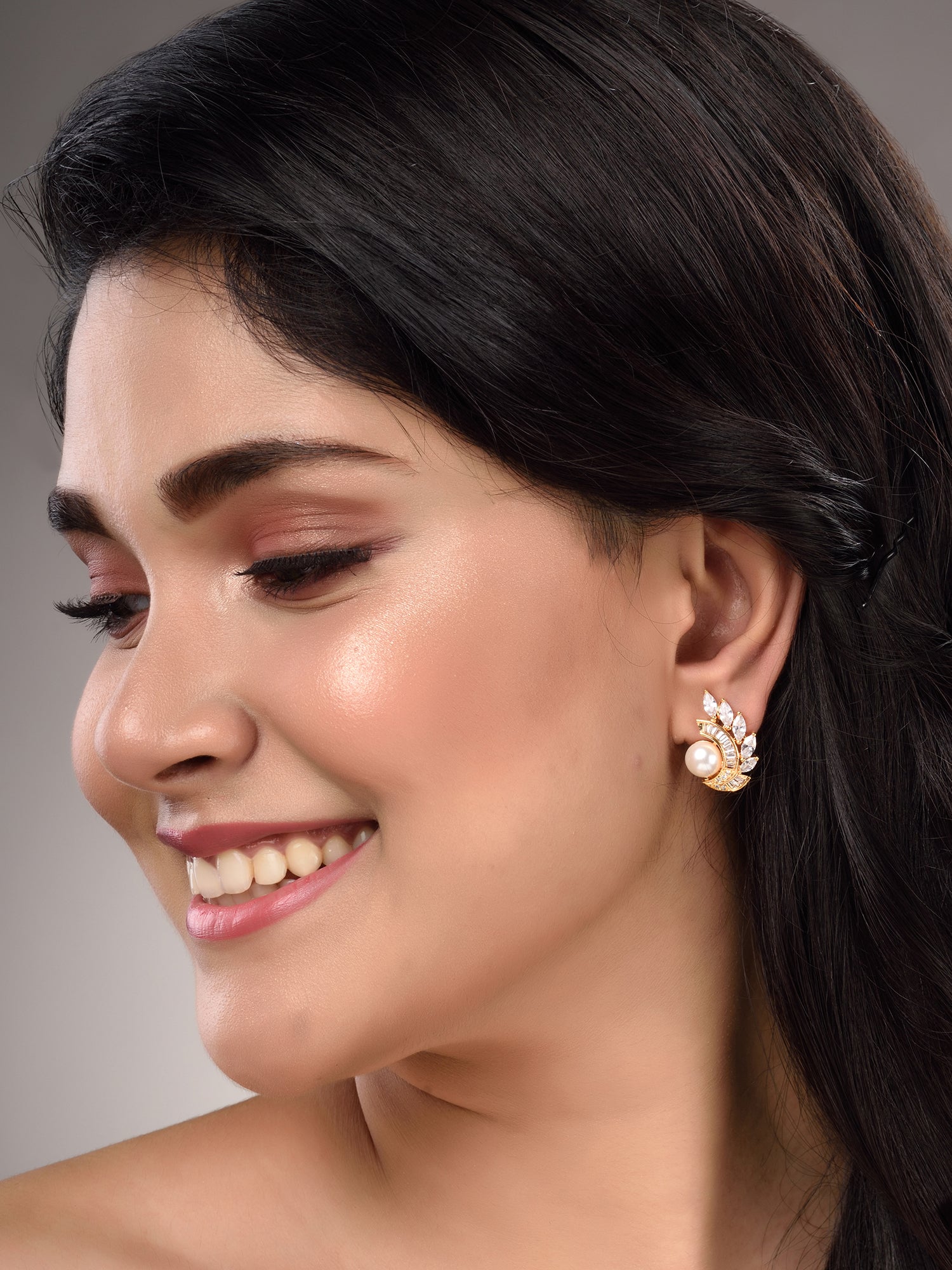 Gold Plated White AD & Pearl Studded Studs Earrings