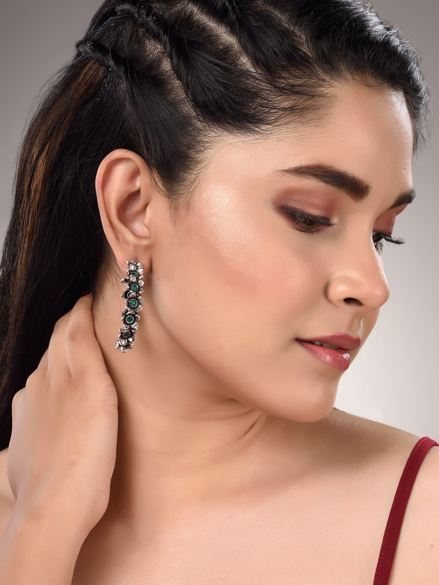 Silver Oxidised Green stone Studded Hoop Earrings