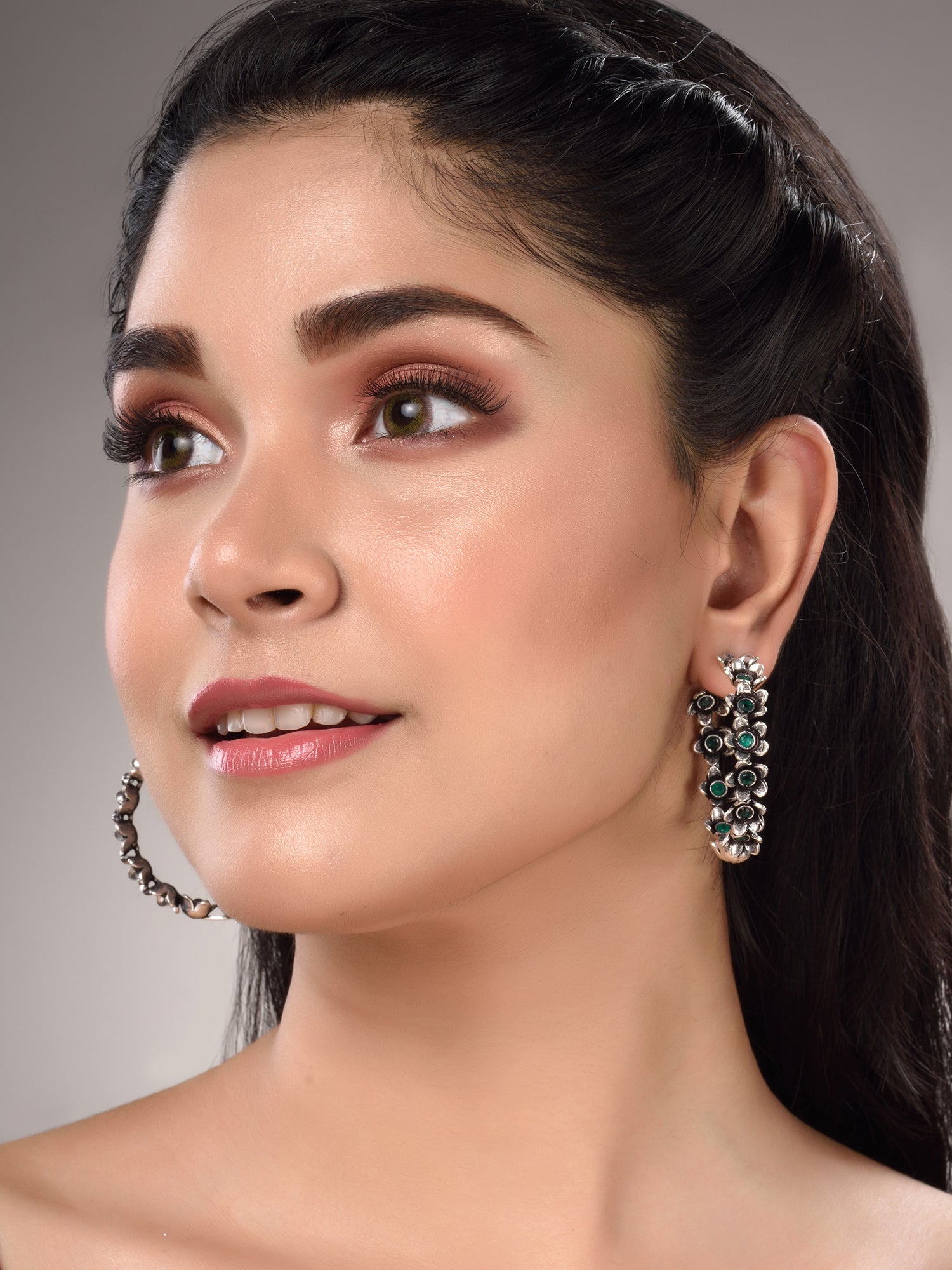 Silver Oxidised Green stone Studded Hoop Earrings