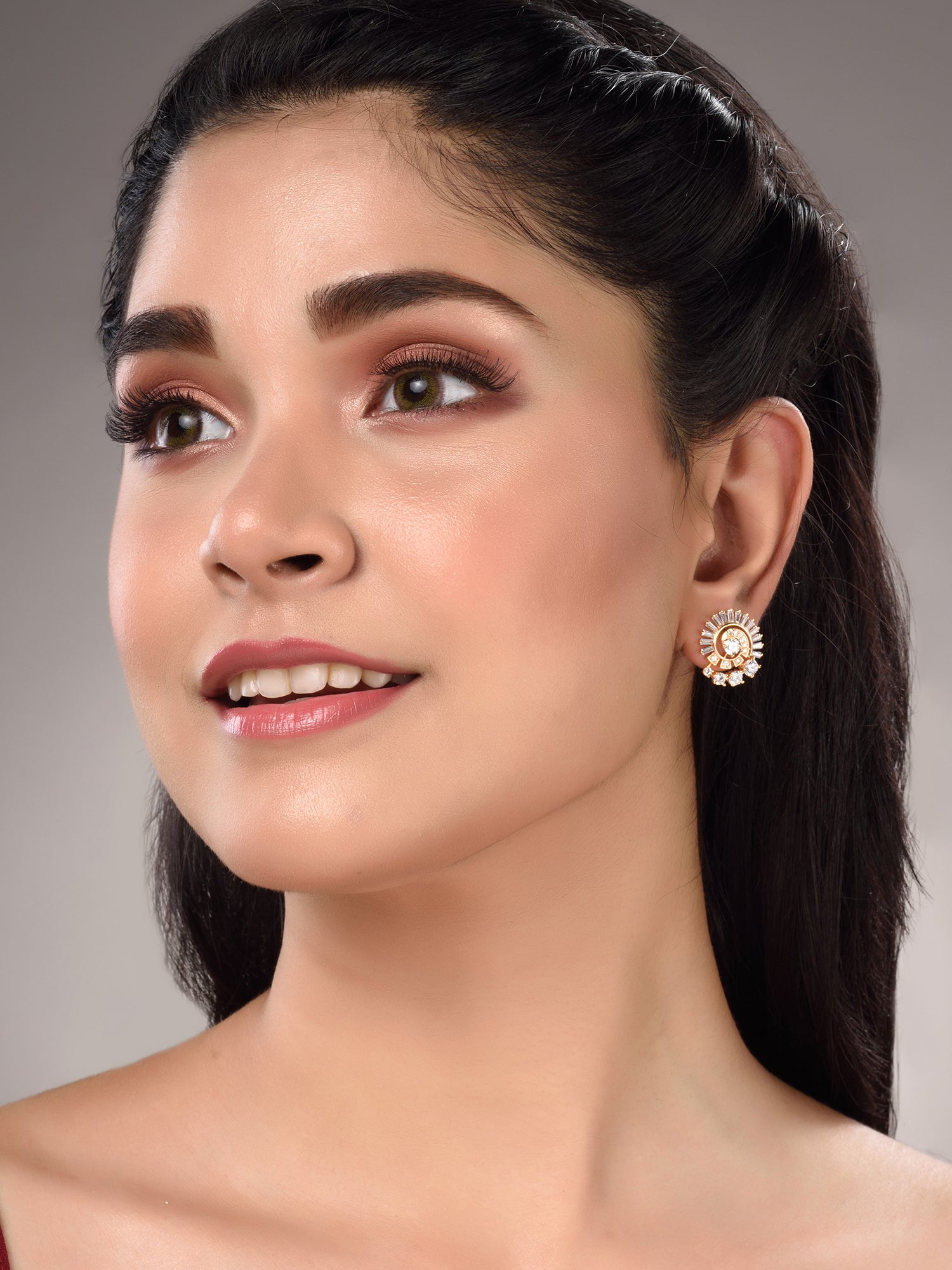 Gold Plated White AD Studded Circular Studs Earrings