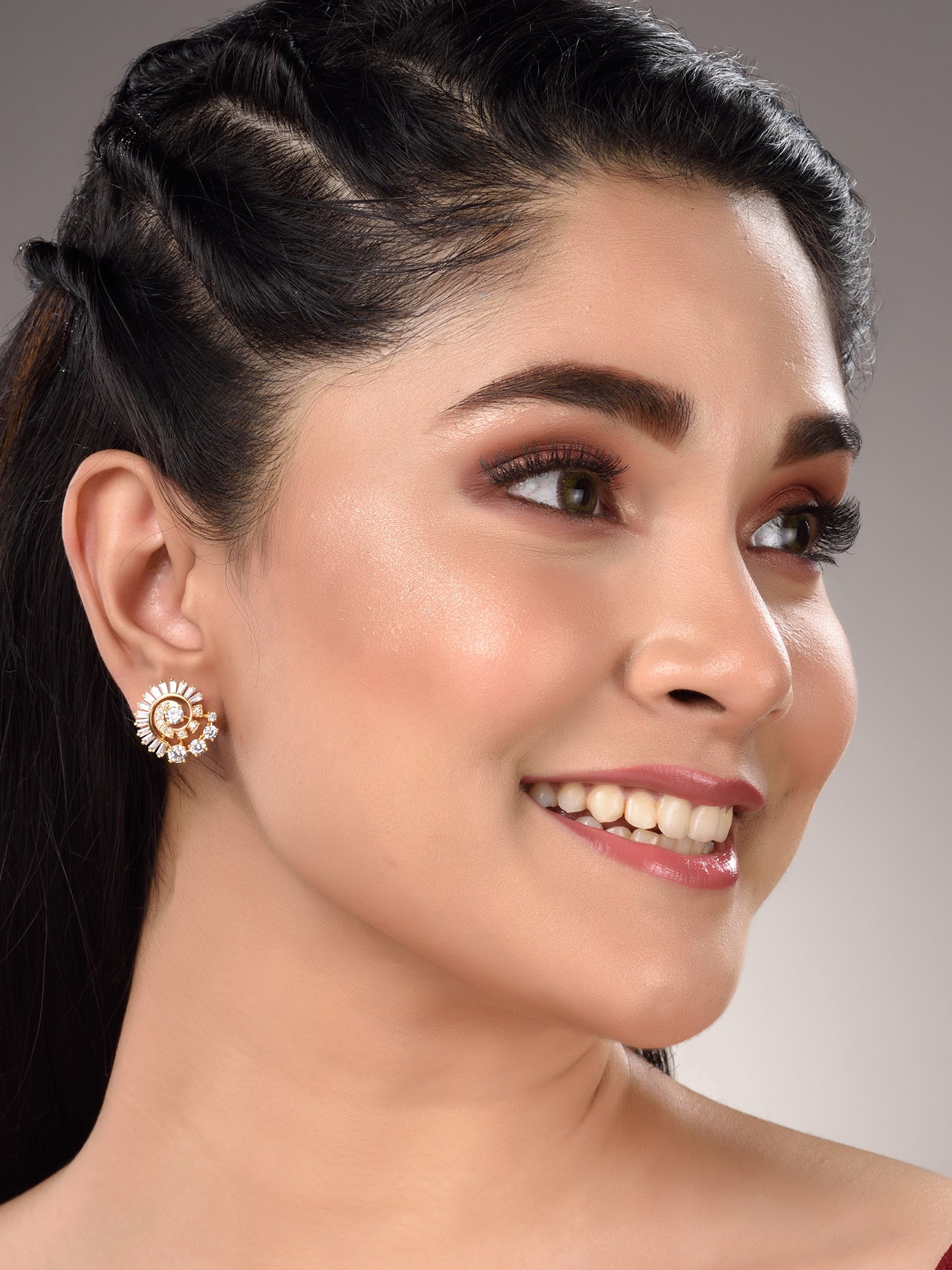 Gold Plated White AD Studded Circular Studs Earrings