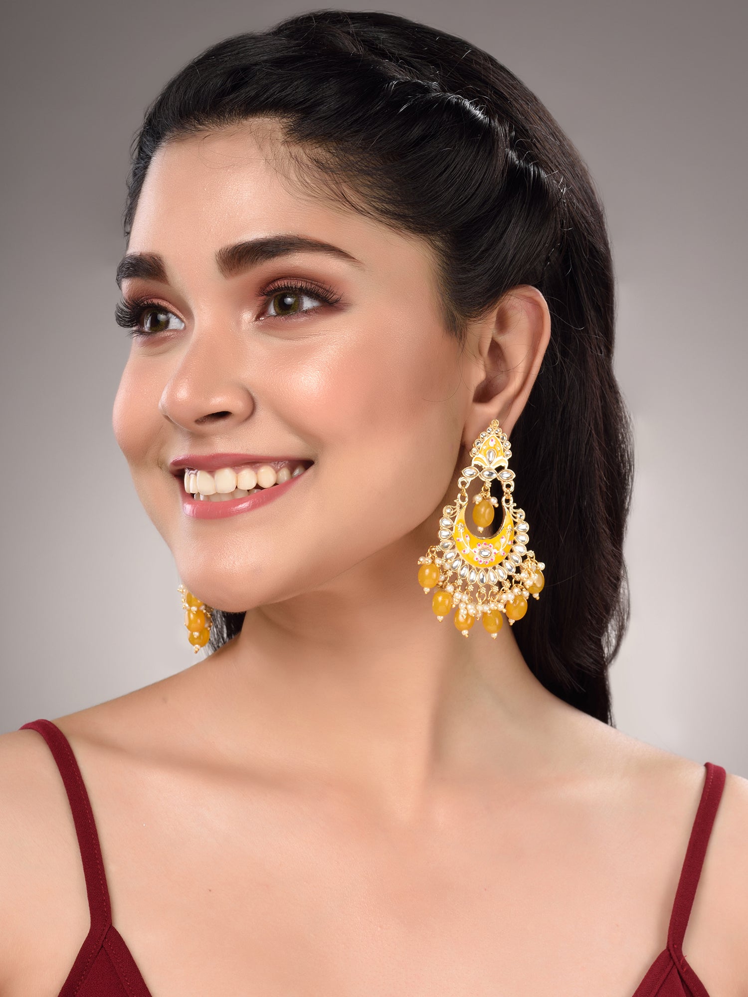 Gold Plated Yellow Contemporary Chandbali Drop Earrings